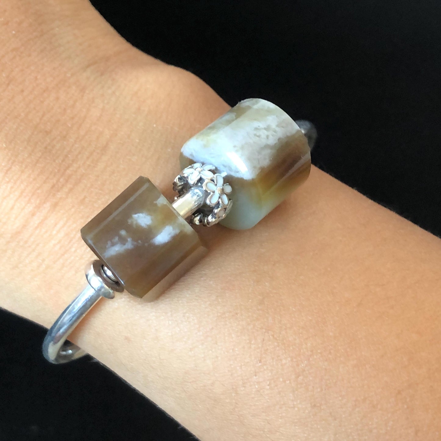 Natural Nephrite Jade Bead S925 Silver Flexible Open Bangle | Untreated White Jade Brown Jade Charm Bracelet Gift | Milk Coffee Latte Beads Pandora Bangle Pandora Bracelet Big Beaded Bracelet Jade Bead Bangle S925 Silver Bracelet Silver Bangle Chinese Jade Vintage Bangle Antique Bracelet Gift for her Flexible Bangle with movable end caps brown jade white jade
