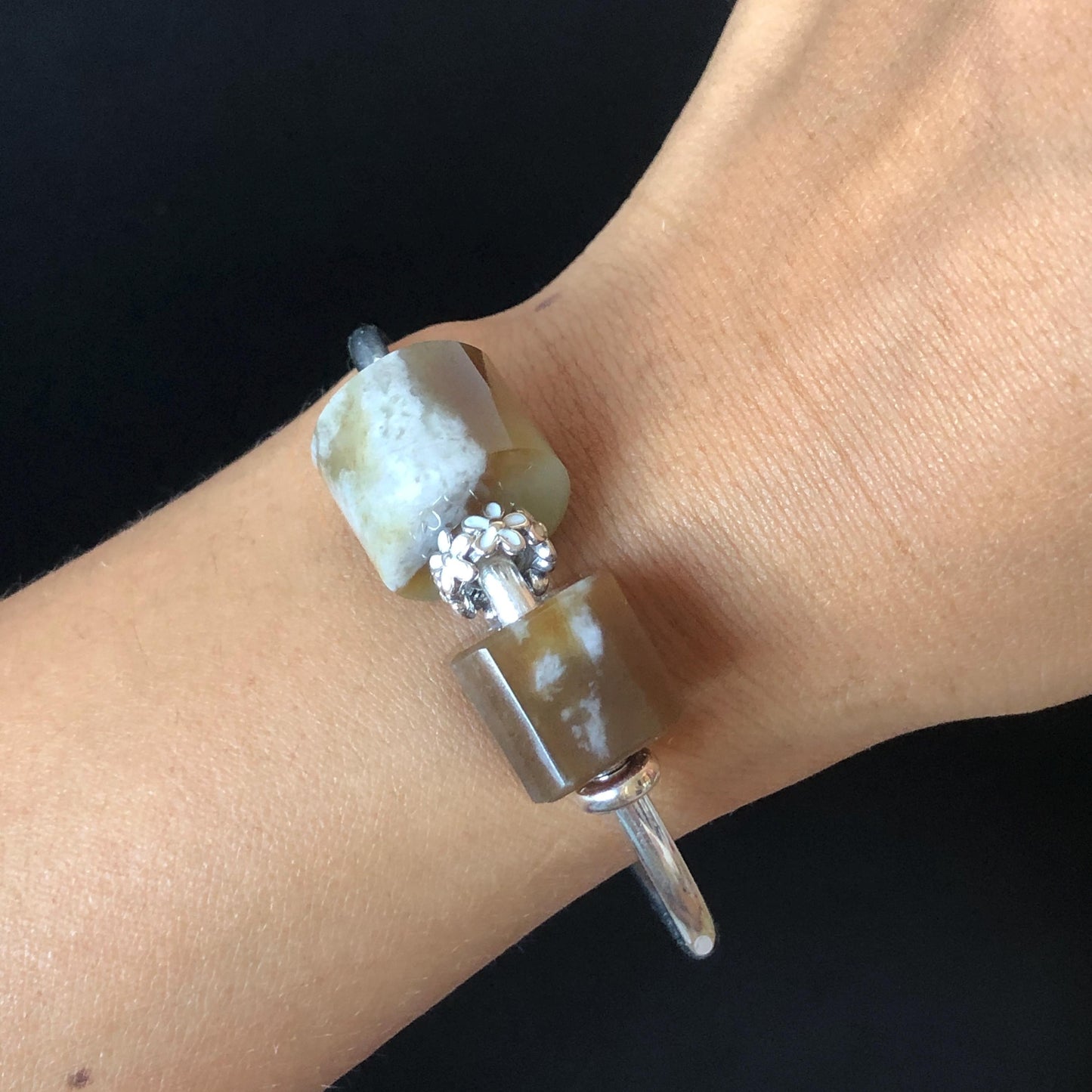Natural Nephrite Jade Bead S925 Silver Flexible Open Bangle | Untreated White Jade Brown Jade Charm Bracelet Gift | Milk Coffee Latte Beads Pandora Bangle Pandora Bracelet Big Beaded Bracelet Jade Bead Bangle S925 Silver Bracelet Silver Bangle Chinese Jade Vintage Bangle Antique Bracelet Gift for her Flexible Bangle with movable end caps brown jade white jade