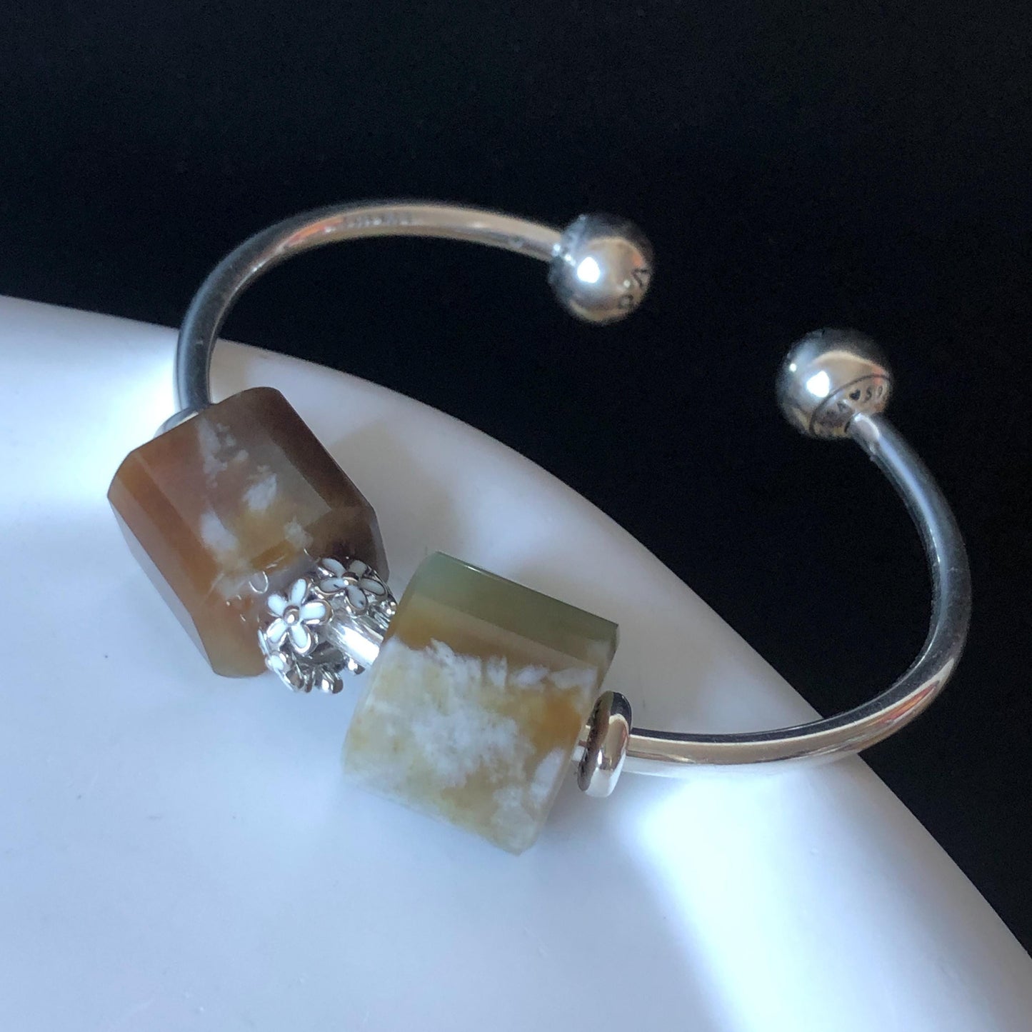 Natural Nephrite Jade Bead S925 Silver Flexible Open Bangle | Untreated White Jade Brown Jade Charm Bracelet Gift | Milk Coffee Latte Beads Pandora Bangle Pandora Bracelet Big Beaded Bracelet Jade Bead Bangle S925 Silver Bracelet Silver Bangle Chinese Jade Vintage Bangle Antique Bracelet Gift for her Flexible Bangle with movable end caps brown jade white jade
