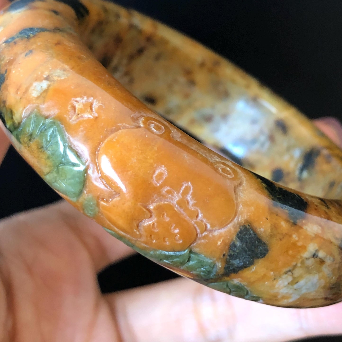 54.7mm Xiu Jade Serpentine Hand Carved Strawberry Bear Bangle: Natural Brown Green Jade Handcrafted Leopard style Bracelet, Stone Carving Gemstone Jewelry, Stone Carving Gemstone Jewelry Gift for her wide jade bangle jade carving hand engraved stone carving natural untreated jade bracelet green jade brown jade handcraft jade chinese jade vintage bangle antique bracelet bear carving bear lover gift strawberry bracelet
