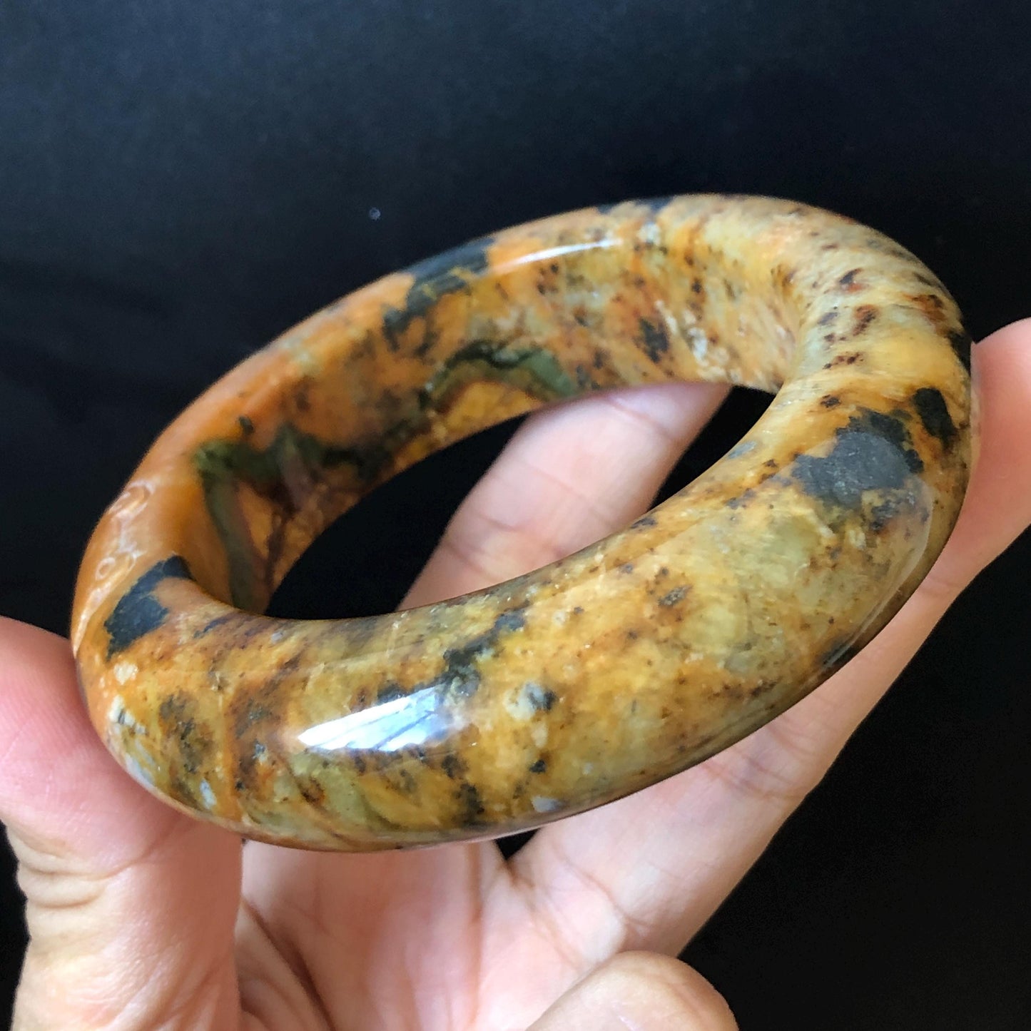 54.7mm Xiu Jade Serpentine Hand Carved Strawberry Bear Bangle: Natural Brown Green Jade Handcrafted Leopard style Bracelet, Stone Carving Gemstone Jewelry, Stone Carving Gemstone Jewelry Gift for her wide jade bangle jade carving hand engraved stone carving natural untreated jade bracelet green jade brown jade handcraft jade chinese jade vintage bangle antique bracelet bear carving bear lover gift strawberry bracelet