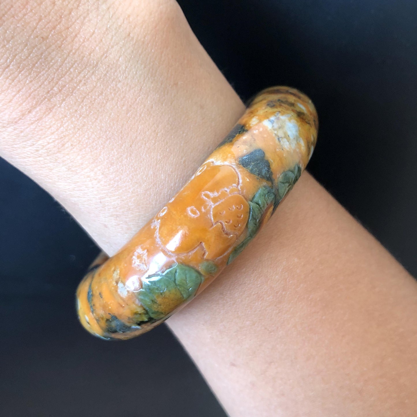 54.7mm Xiu Jade Serpentine Hand Carved Strawberry Bear Bangle: Natural Brown Green Jade Handcrafted Leopard style Bracelet, Stone Carving Gemstone Jewelry, Stone Carving Gemstone Jewelry Gift for her wide jade bangle jade carving hand engraved stone carving natural untreated jade bracelet green jade brown jade handcraft jade chinese jade vintage bangle antique bracelet bear carving bear lover gift strawberry bracelet