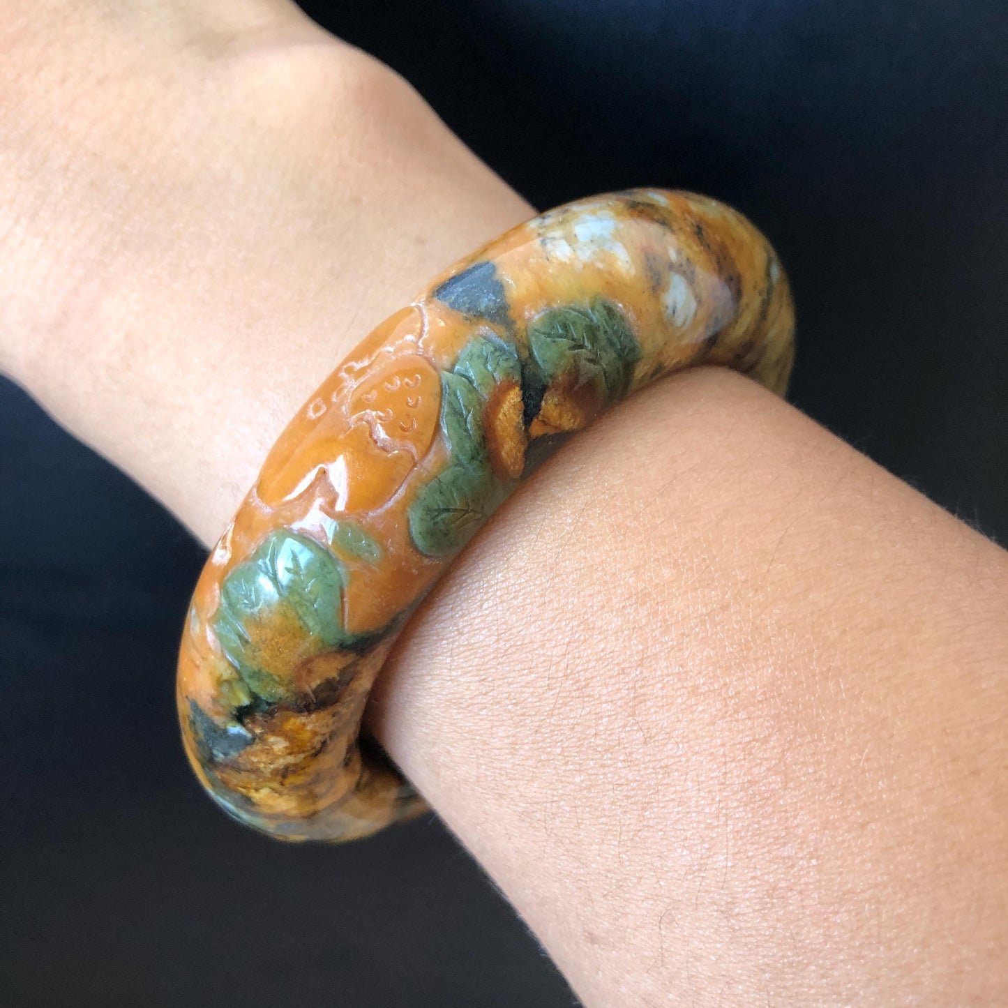 54.7mm Xiu Jade Serpentine Hand Carved Strawberry Bear Bangle: Natural Brown Green Jade Handcrafted Leopard style Bracelet, Stone Carving Gemstone Jewelry, Stone Carving Gemstone Jewelry Gift for her wide jade bangle jade carving hand engraved stone carving natural untreated jade bracelet green jade brown jade handcraft jade chinese jade vintage bangle antique bracelet bear carving bear lover gift strawberry bracelet