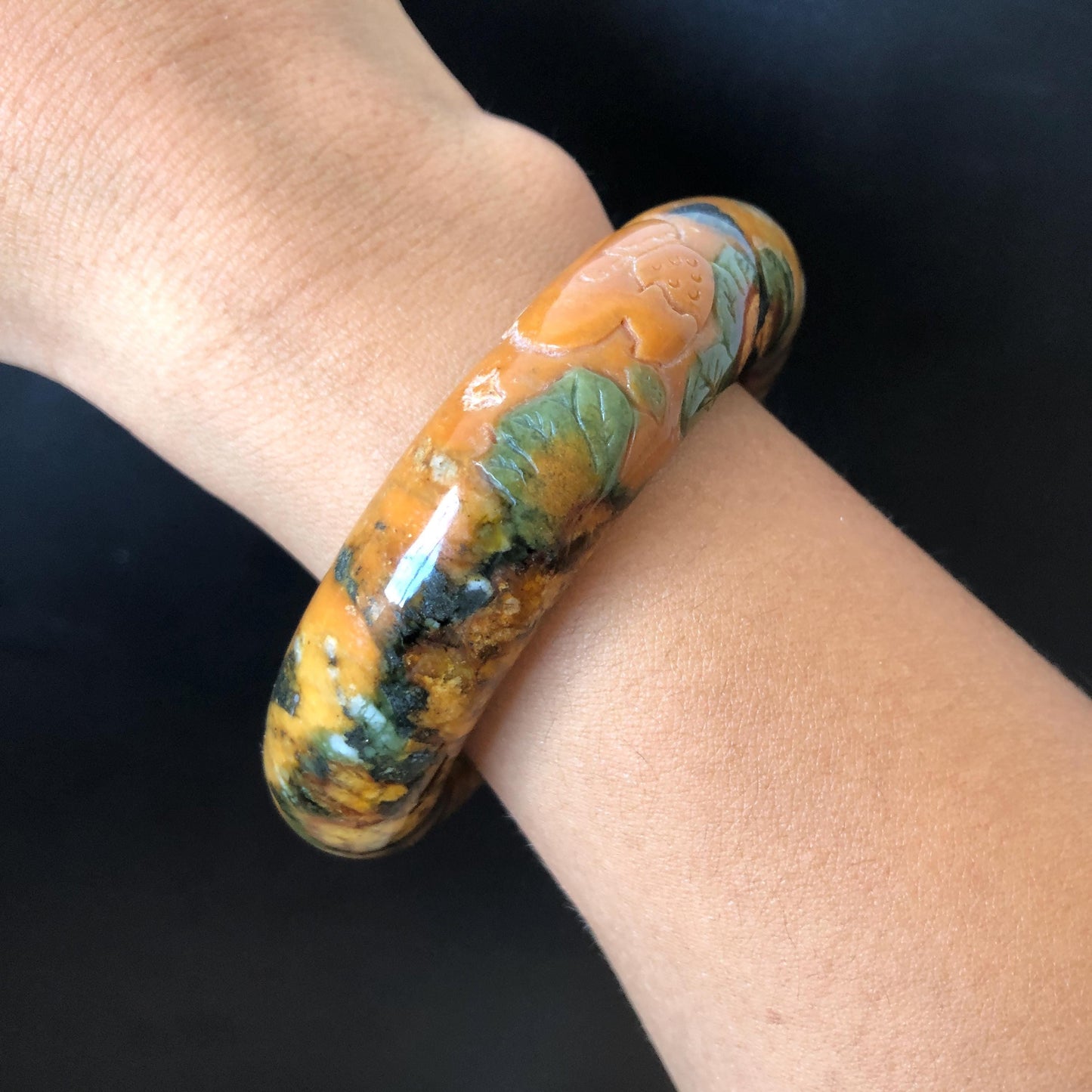 54.7mm Xiu Jade Serpentine Hand Carved Strawberry Bear Bangle: Natural Brown Green Jade Handcrafted Leopard style Bracelet, Stone Carving Gemstone Jewelry, Stone Carving Gemstone Jewelry Gift for her wide jade bangle jade carving hand engraved stone carving natural untreated jade bracelet green jade brown jade handcraft jade chinese jade vintage bangle antique bracelet bear carving bear lover gift strawberry bracelet