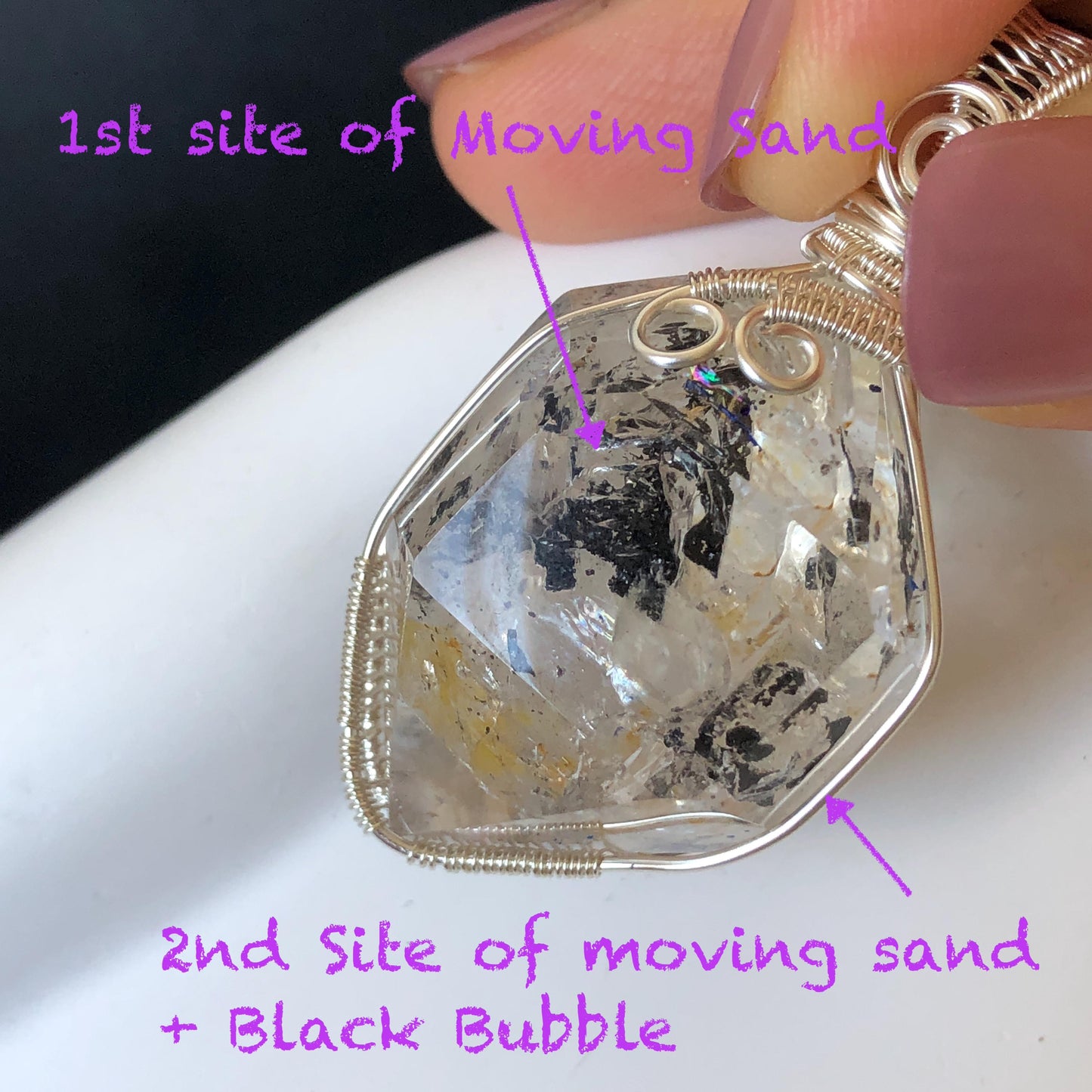 Rare Polished Enhydro Quartz (Herkimer Diamond) Wire Wrapped Pendant Adjustable Necklace | Rainbow! Moving Sand & Black Bubble | Natural Gemstone Birthstone Gift for her | Rainbow Quartz Rainbow crystal enhydro quartz sand water-fall pendant necklace choker gemstone charm stone pendant choker polished stone pendant crystal charm birthstone gift for her men necklace chakra crystal purify stone minerals specimen adjustable choker mica quartz mica flakes silver wire wrapped pendant