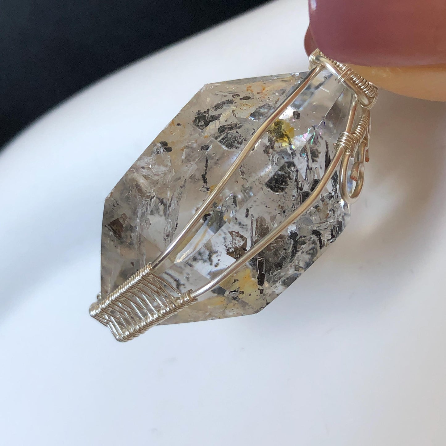 Rare Polished Enhydro Quartz (Herkimer Diamond) Wire Wrapped Pendant Adjustable Necklace | Rainbow! Moving Sand & Black Bubble | Natural Gemstone Birthstone Gift for her | Rainbow Quartz Rainbow crystal enhydro quartz sand water-fall pendant necklace choker gemstone charm stone pendant choker polished stone pendant crystal charm birthstone gift for her men necklace chakra crystal purify stone minerals specimen adjustable choker mica quartz mica flakes silver wire wrapped pendant