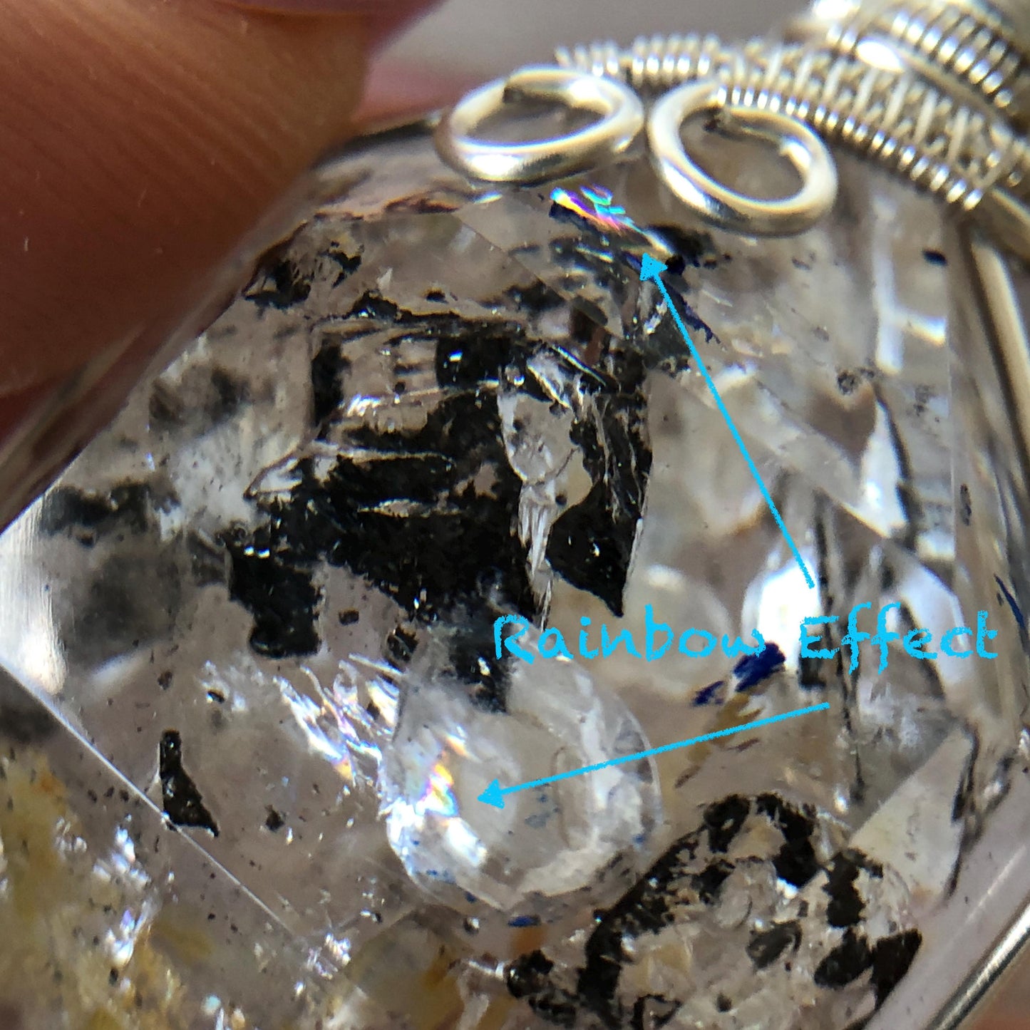 Rare Polished Enhydro Quartz (Herkimer Diamond) Wire Wrapped Pendant Adjustable Necklace | Rainbow! Moving Sand & Black Bubble | Natural Gemstone Birthstone Gift for her | Rainbow Quartz Rainbow crystal enhydro quartz sand water-fall pendant necklace choker gemstone charm stone pendant choker polished stone pendant crystal charm birthstone gift for her men necklace chakra crystal purify stone minerals specimen adjustable choker mica quartz mica flakes silver wire wrapped pendant