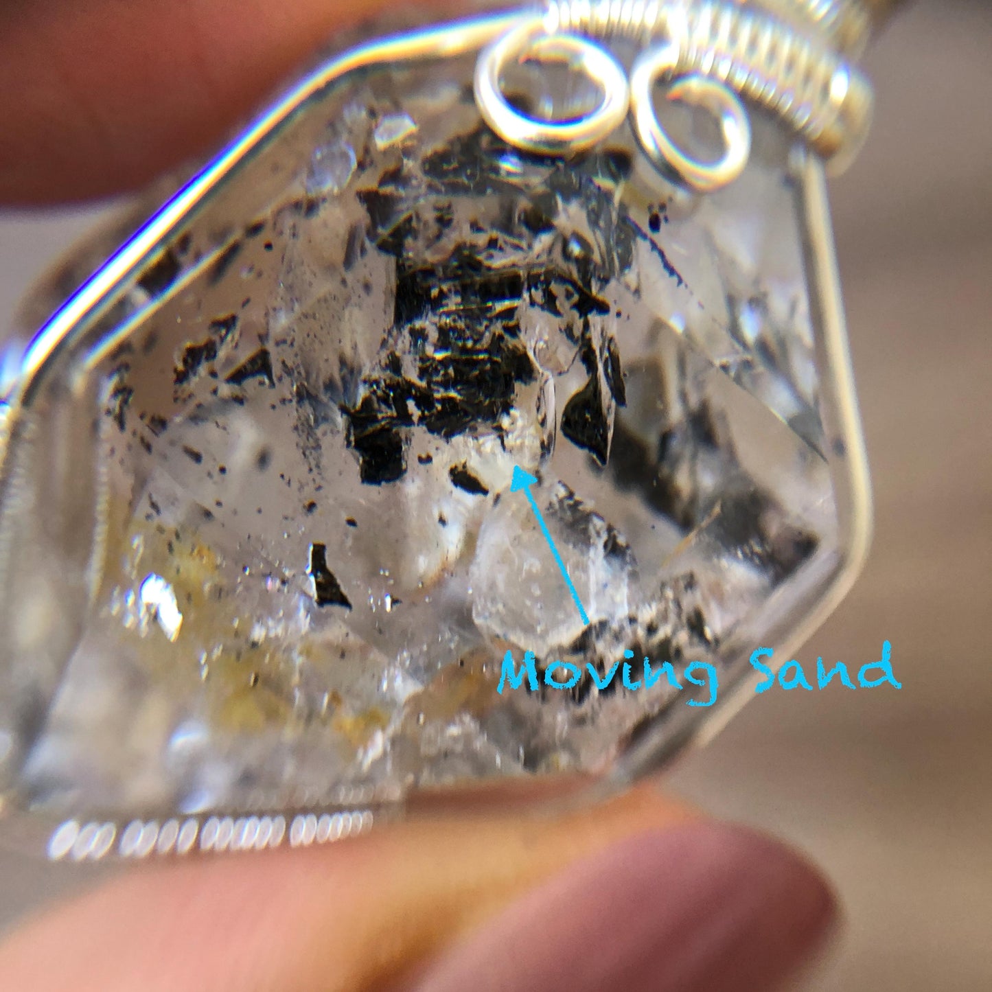 Rare Polished Enhydro Quartz (Herkimer Diamond) Wire Wrapped Pendant Adjustable Necklace | Rainbow! Moving Sand & Black Bubble | Natural Gemstone Birthstone Gift for her | Rainbow Quartz Rainbow crystal enhydro quartz sand water-fall pendant necklace choker gemstone charm stone pendant choker polished stone pendant crystal charm birthstone gift for her men necklace chakra crystal purify stone minerals specimen adjustable choker mica quartz mica flakes silver wire wrapped pendant