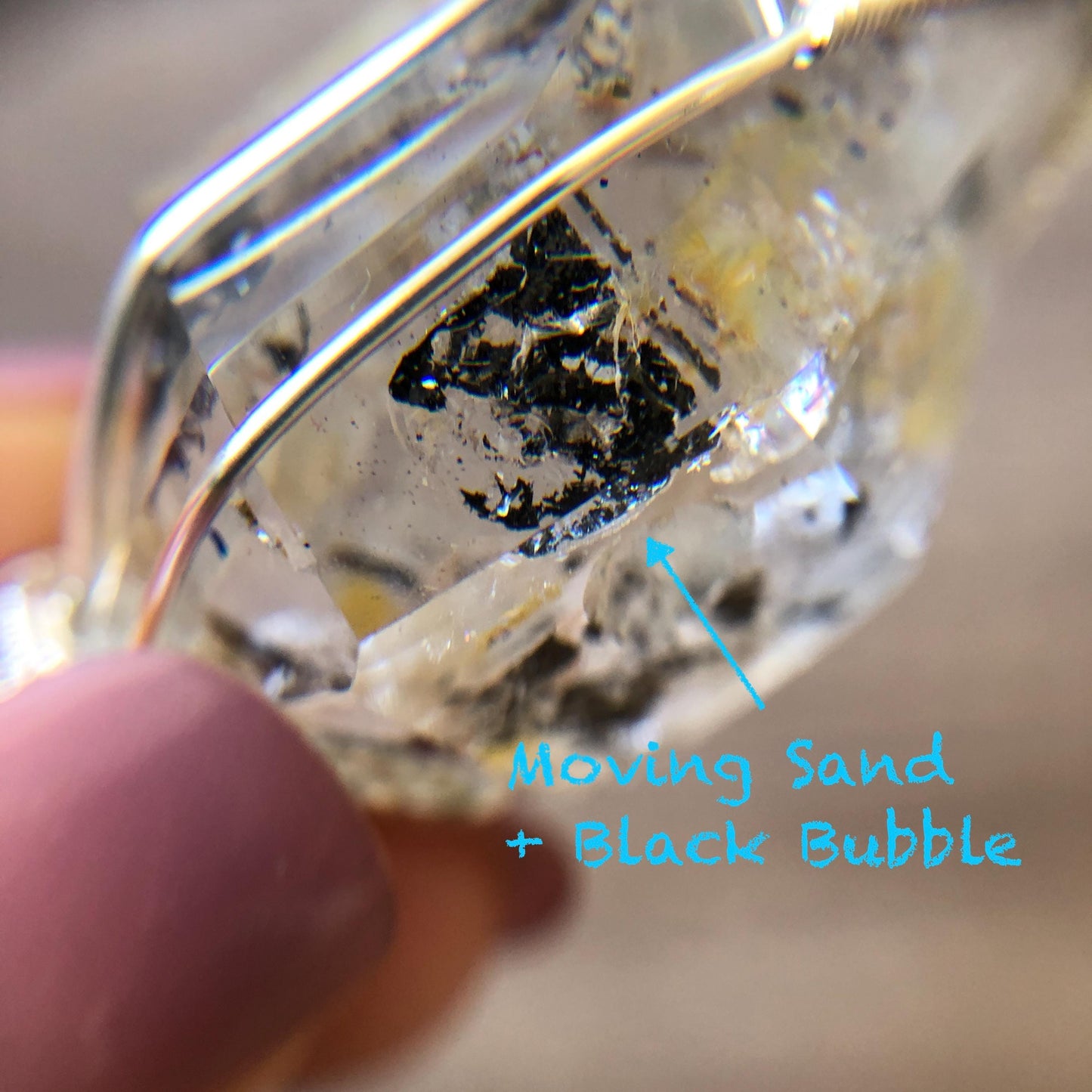 Rare Polished Enhydro Quartz (Herkimer Diamond) Wire Wrapped Pendant Adjustable Necklace | Rainbow! Moving Sand & Black Bubble | Natural Gemstone Birthstone Gift for her | Rainbow Quartz Rainbow crystal enhydro quartz sand water-fall pendant necklace choker gemstone charm stone pendant choker polished stone pendant crystal charm birthstone gift for her men necklace chakra crystal purify stone minerals specimen adjustable choker mica quartz mica flakes silver wire wrapped pendant