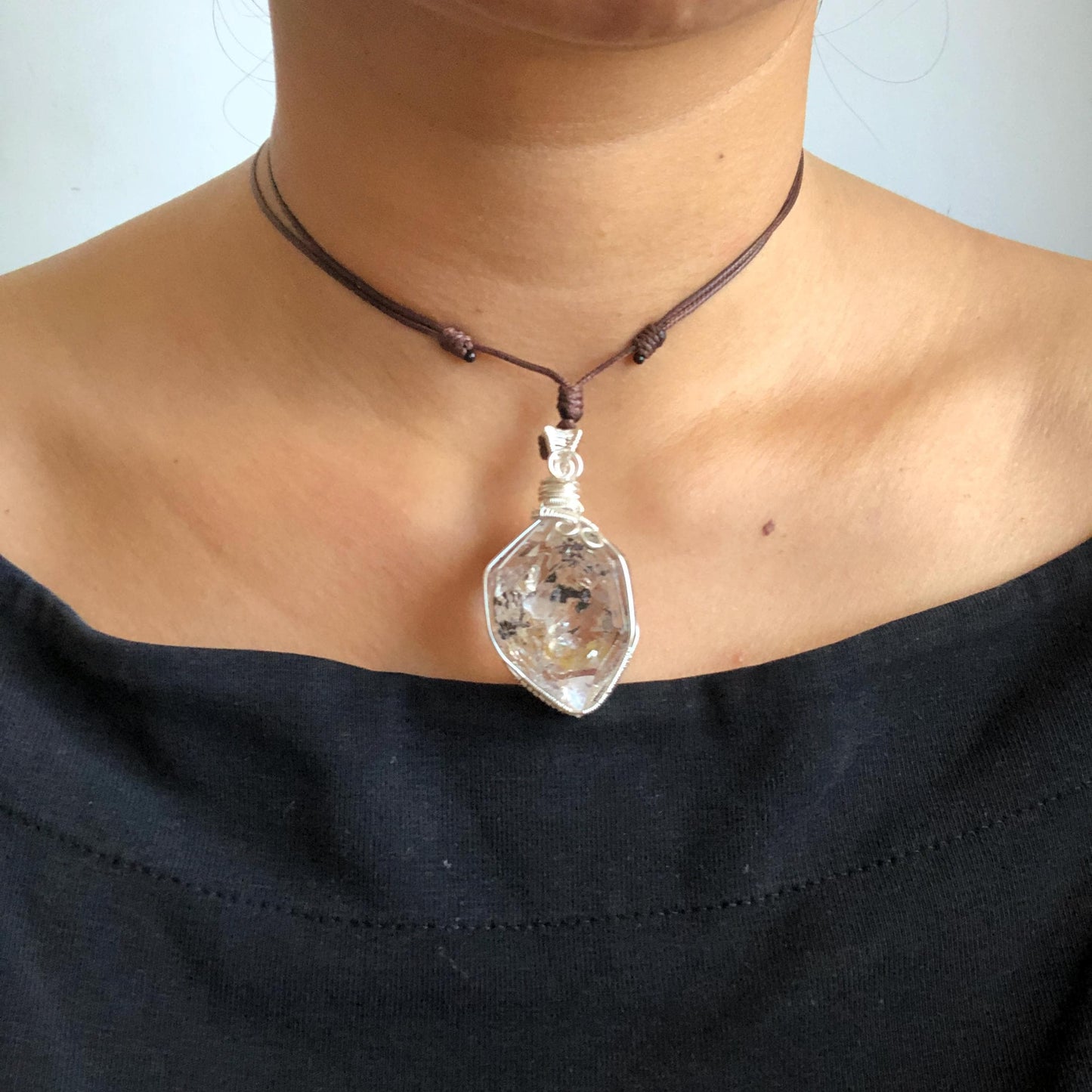 Rare Polished Enhydro Quartz (Herkimer Diamond) Wire Wrapped Pendant Adjustable Necklace | Rainbow! Moving Sand & Black Bubble | Natural Gemstone Birthstone Gift for her | Rainbow Quartz Rainbow crystal enhydro quartz sand water-fall pendant necklace choker gemstone charm stone pendant choker polished stone pendant crystal charm birthstone gift for her men necklace chakra crystal purify stone minerals specimen adjustable choker mica quartz mica flakes silver wire wrapped pendant
