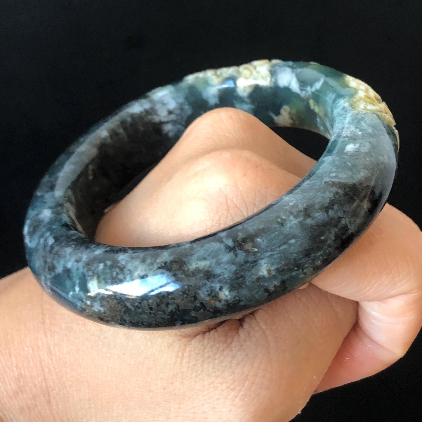 56.5mm Xiu Jade Serpentine Hand Carved Peony Flowers Bangle: Natural Black Blue Brown Jade Handcrafted Bracelet, Stone Carving Gemstone Jewelry
Gift for her wide jade bangle jade carving hand engraved stone carving natural untreated jade bracelet black jade blue jade brown jade handcraft jade peony carving flower carving chinese jade vintage bangle antique bracelet