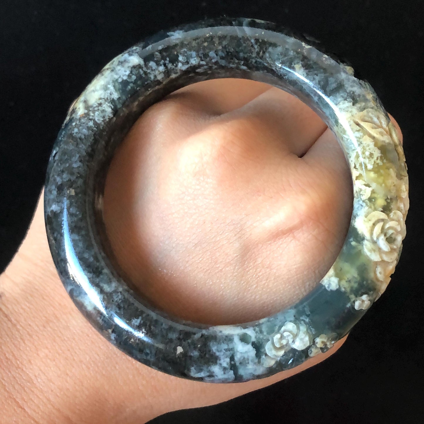 56.5mm Xiu Jade Serpentine Hand Carved Peony Flowers Bangle: Natural Black Blue Brown Jade Handcrafted Bracelet, Stone Carving Gemstone Jewelry
Gift for her wide jade bangle jade carving hand engraved stone carving natural untreated jade bracelet black jade blue jade brown jade handcraft jade peony carving flower carving chinese jade vintage bangle antique bracelet
