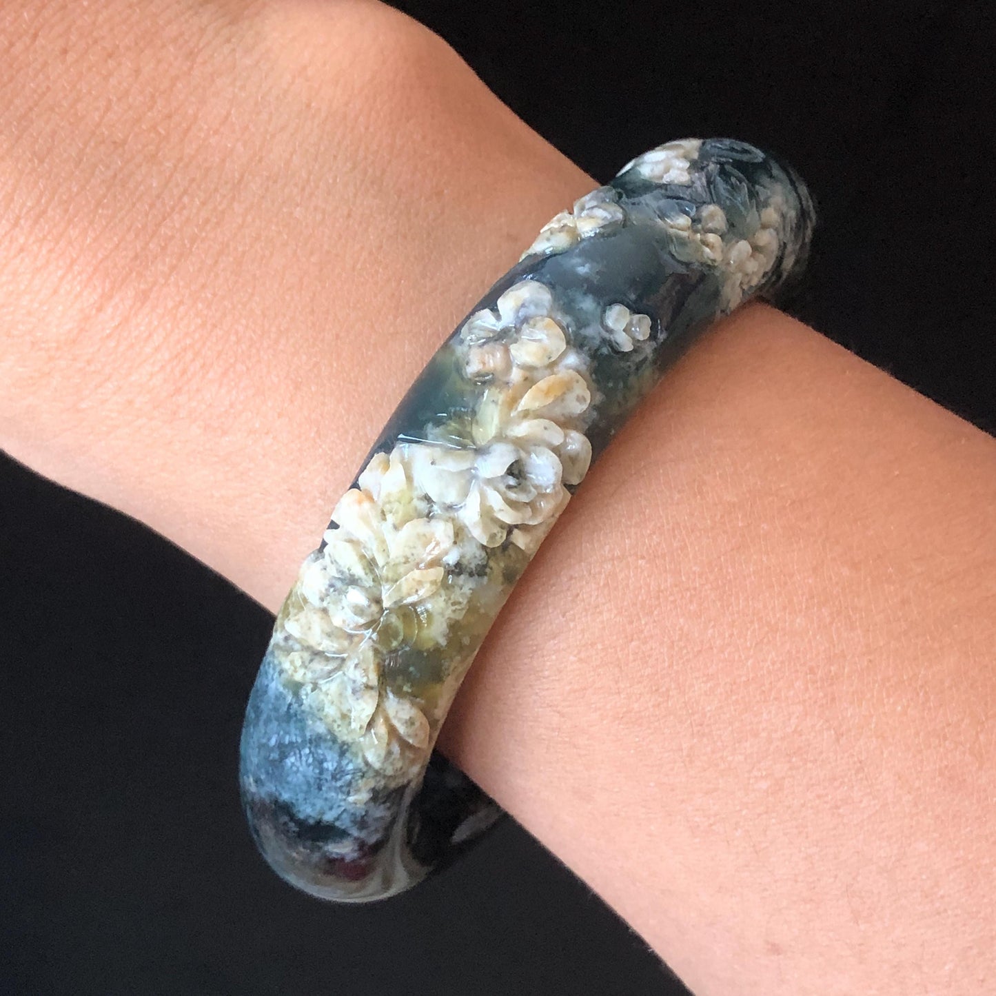 56.5mm Xiu Jade Serpentine Hand Carved Peony Flowers Bangle: Natural Black Blue Brown Jade Handcrafted Bracelet, Stone Carving Gemstone Jewelry
Gift for her wide jade bangle jade carving hand engraved stone carving natural untreated jade bracelet black jade blue jade brown jade handcraft jade peony carving flower carving chinese jade vintage bangle antique bracelet