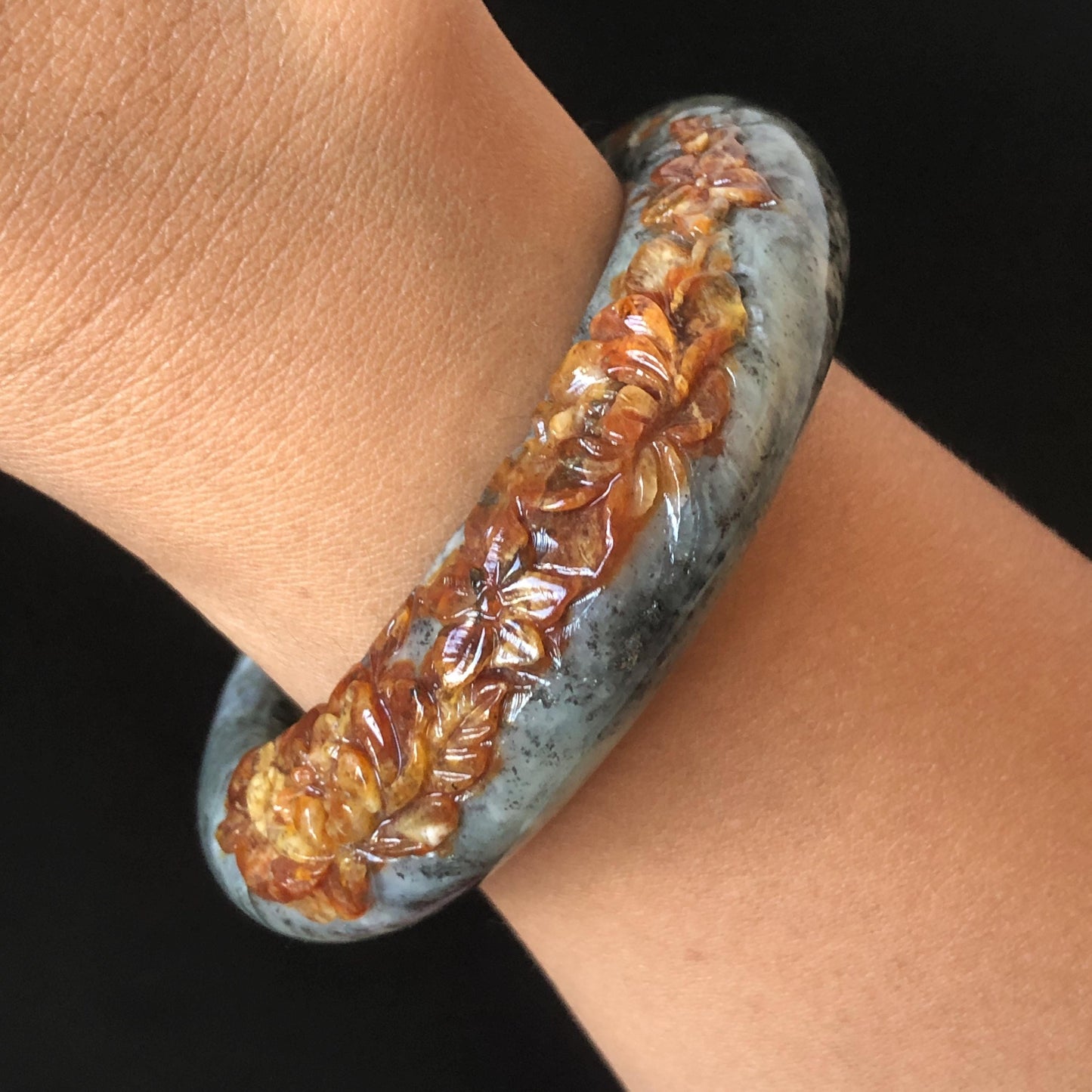 54.5mm Xiu Jade Serpentine Hand Carved Brown Peony Flowers Bangle: Natural Greenish Blue Jade Handcrafted Bracelet, Stone Carving Gemstone Jewelry
Gift for her wide jade bangle jade carving hand engraved stone carving natural untreated jade bracelet green jade blue jade brown jade handcraft jade peony carving flower carving chinese jade vintage bangle antique bracelet