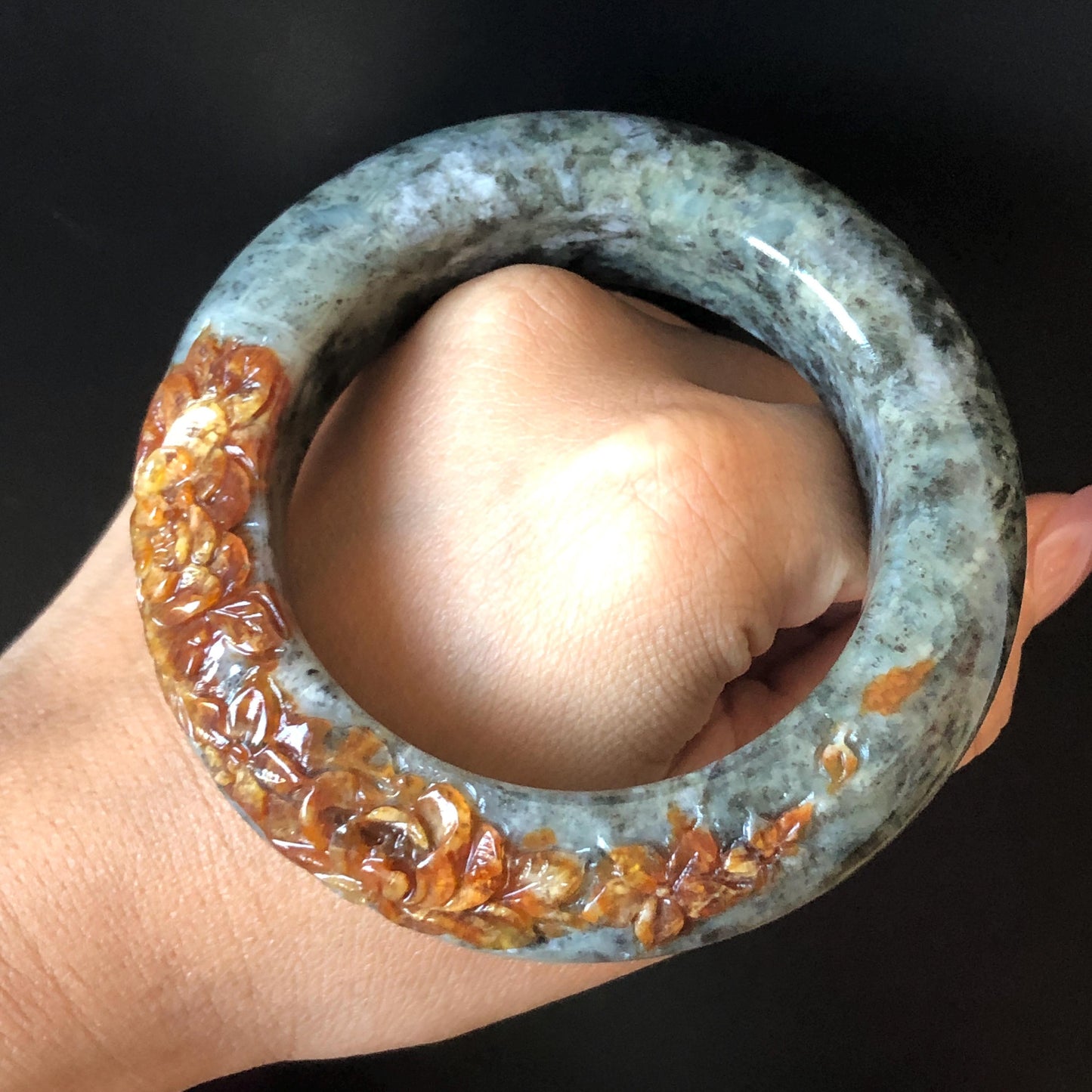 54.5mm Xiu Jade Serpentine Hand Carved Brown Peony Flowers Bangle: Natural Greenish Blue Jade Handcrafted Bracelet, Stone Carving Gemstone Jewelry
Gift for her wide jade bangle jade carving hand engraved stone carving natural untreated jade bracelet green jade blue jade brown jade handcraft jade peony carving flower carving chinese jade vintage bangle antique bracelet