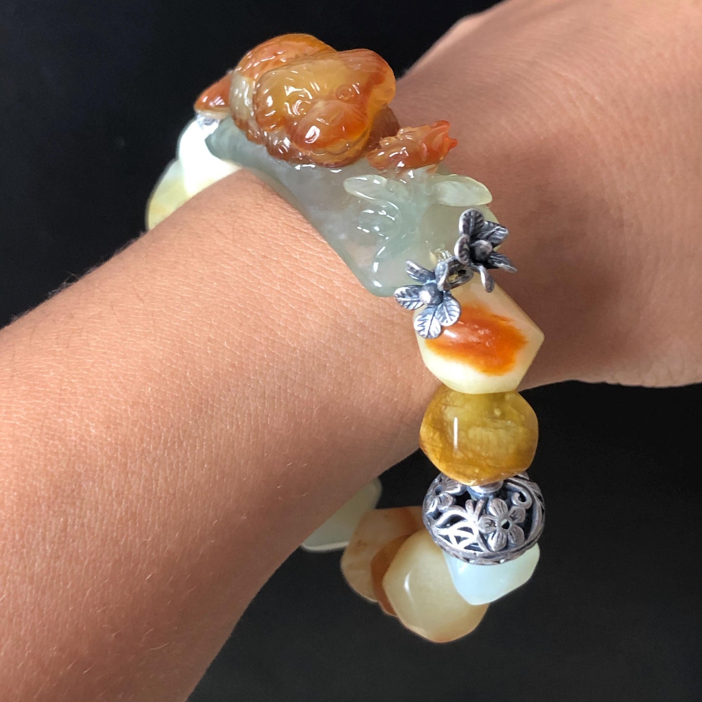 Natural Xiu Jade Serpentine Hand Carved Dog Puppy with Rose Charm with Irregular Bead Bracelet: Handcrafted Caramel Yellow & White Jade Beads with Vintage Tibetan Silver Accessory| Crystal Stone Gemstone Gift for her Multi-coloured Jade customised bracelet hand engraved jade bracelet carved charm carved pendant dog carving puppy bracelet yellow jade brown jade white jade red jade silver bracelet tailor made bracelet personalised diy bracelet untreated jade elastic stretch bracelet dog lover gift