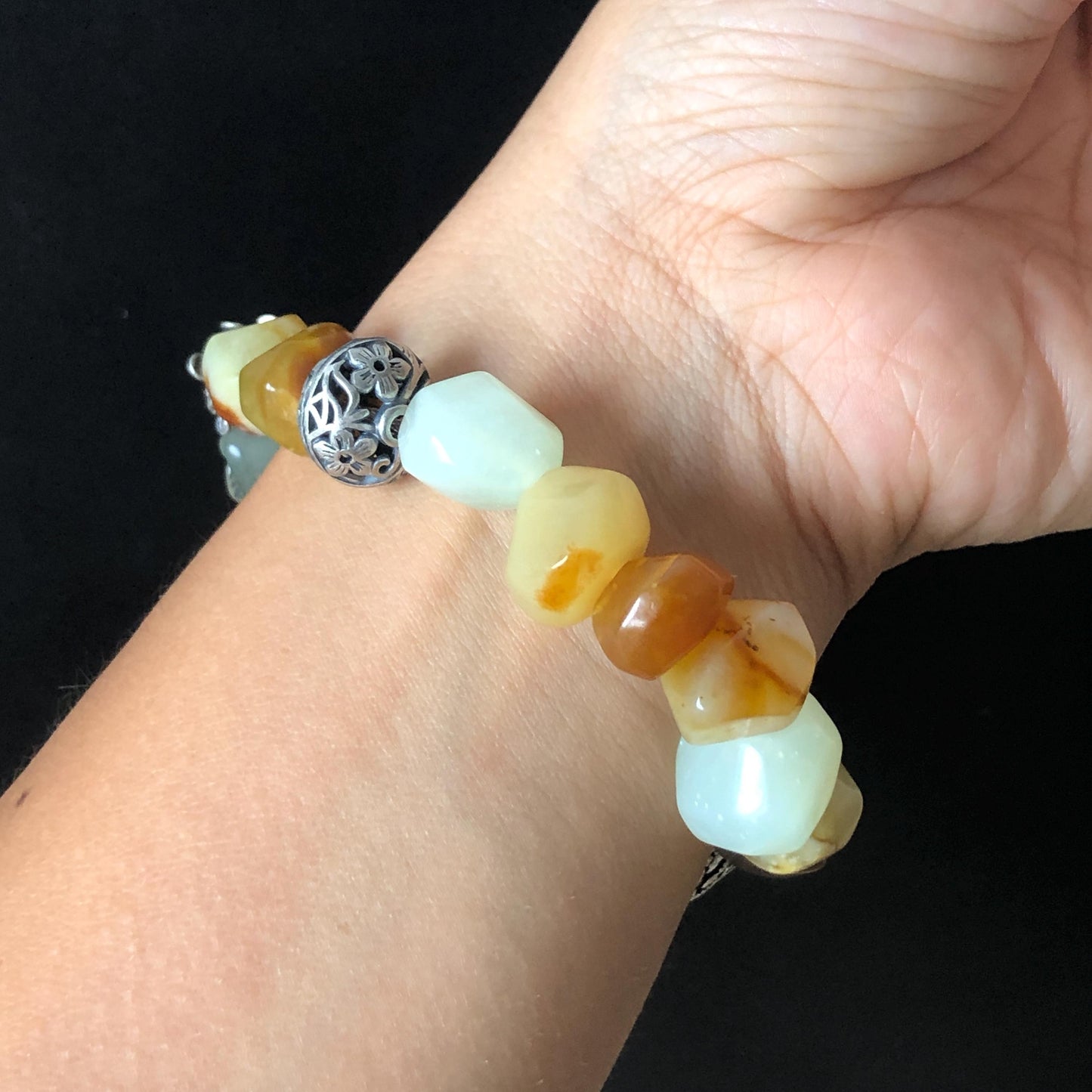 Natural Xiu Jade Serpentine Hand Carved Dog Puppy with Rose Charm with Irregular Bead Bracelet: Handcrafted Caramel Yellow & White Jade Beads with Vintage Tibetan Silver Accessory| Crystal Stone Gemstone Gift for her Multi-coloured Jade customised bracelet hand engraved jade bracelet carved charm carved pendant dog carving puppy bracelet yellow jade brown jade white jade red jade silver bracelet tailor made bracelet personalised diy bracelet untreated jade elastic stretch bracelet dog lover gift