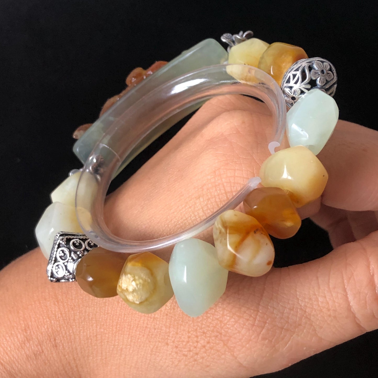 Natural Xiu Jade Serpentine Hand Carved Dog Puppy with Rose Charm with Irregular Bead Bracelet: Handcrafted Caramel Yellow & White Jade Beads with Vintage Tibetan Silver Accessory| Crystal Stone Gemstone Gift for her Multi-coloured Jade customised bracelet hand engraved jade bracelet carved charm carved pendant dog carving puppy bracelet yellow jade brown jade white jade red jade silver bracelet tailor made bracelet personalised diy bracelet untreated jade elastic stretch bracelet dog lover gift