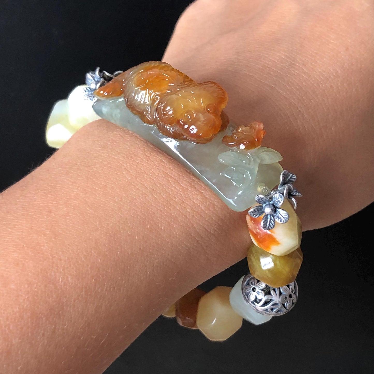 Natural Xiu Jade Serpentine Hand Carved Dog Puppy with Rose Charm with Irregular Bead Bracelet: Handcrafted Caramel Yellow & White Jade Beads with Vintage Tibetan Silver Accessory| Crystal Stone Gemstone Gift for her Multi-coloured Jade customised bracelet hand engraved jade bracelet carved charm carved pendant dog carving puppy bracelet yellow jade brown jade white jade red jade silver bracelet tailor made bracelet personalised diy bracelet untreated jade elastic stretch bracelet dog lover gift