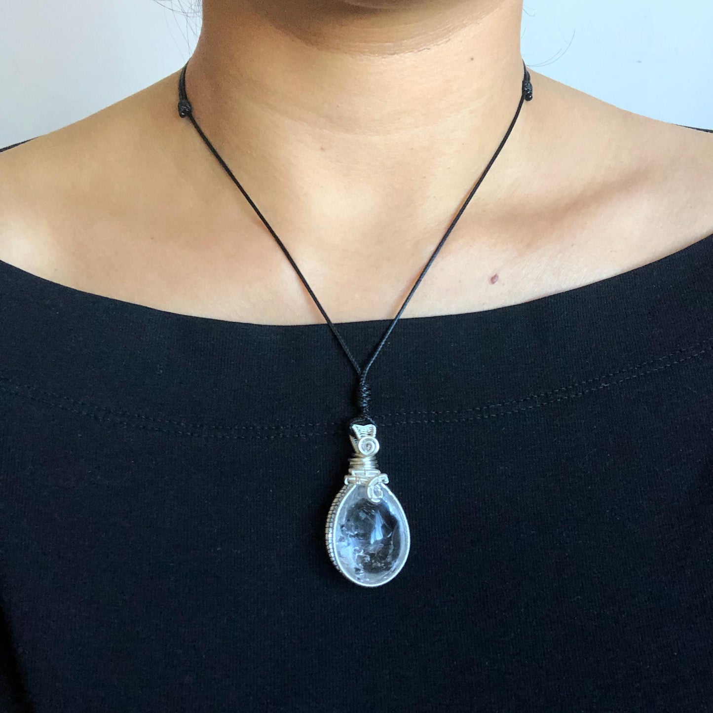 Rare Herkimer Diamond Sterling Silver Pendant Adjustable Necklace | Polished Enhydro Crystal |Big Rainbow! Moving Sand & Mica | Natural Gemstone Birthstone Gift for her | Rainbow Quartz Rainbow crystal enhydro quartz sand water-fall pendant necklace choker gemstone charm stone pendant choker polished stone pendant crystal charm birthstone gift for her men necklace chakra crystal purify stone minerals specimen adjustable choker mica quartz mica flakes silver wire wrapped pendant