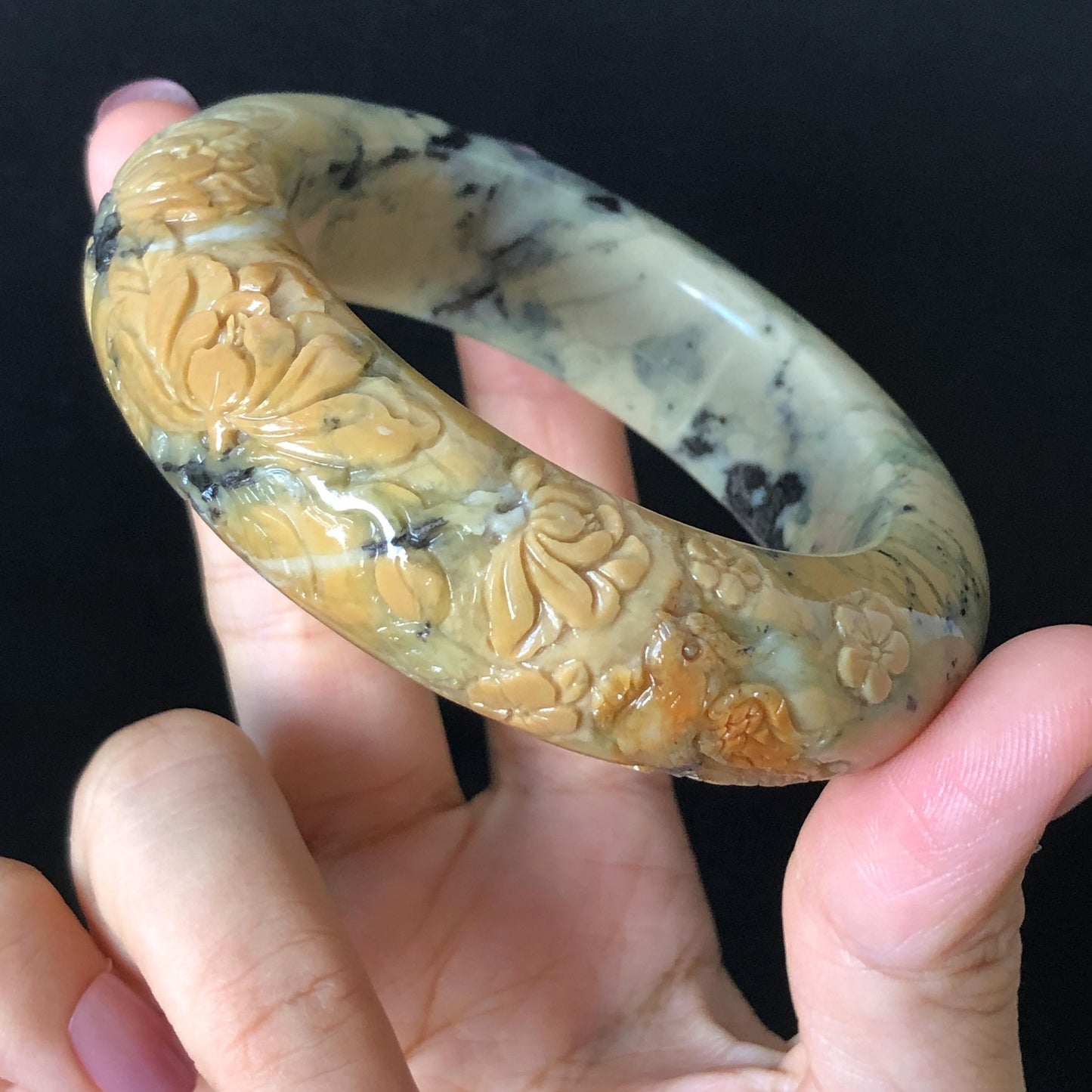 54.7mm Xiu Jade Serpentine Hand Carved Peony Flowers & Bird Jade Bangle: Natural Yellow Green Jade Handcrafted Bracelet, Stone Carving Gemstone Jewelry Gift for her wide jade bangle jade carving hand engraved stone carving natural untreated jade bracelet green jade yellow jade handcraft jade peony carving flower carving chinese jade vintage bangle antique bracelet bird carving bird lover gift