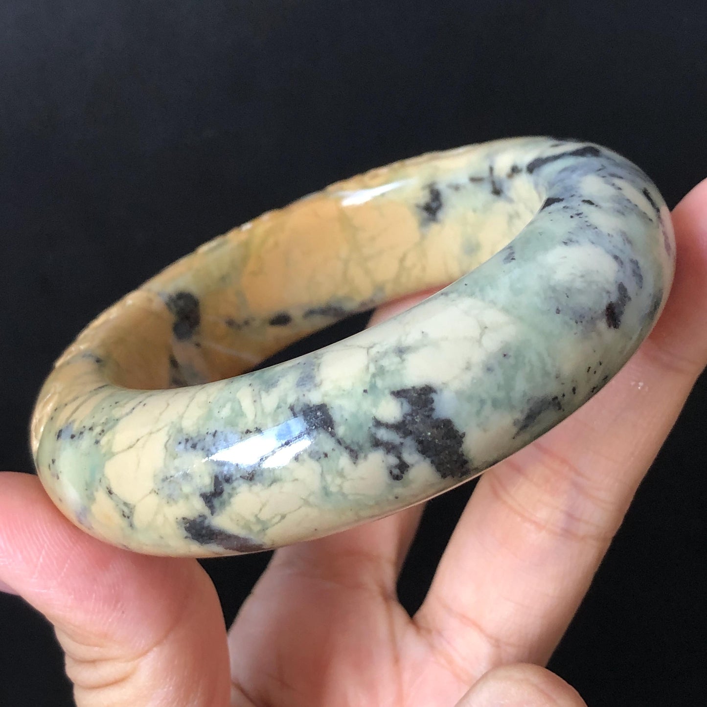 54.7mm Xiu Jade Serpentine Hand Carved Peony Flowers & Bird Jade Bangle: Natural Yellow Green Jade Handcrafted Bracelet, Stone Carving Gemstone Jewelry Gift for her wide jade bangle jade carving hand engraved stone carving natural untreated jade bracelet green jade yellow jade handcraft jade peony carving flower carving chinese jade vintage bangle antique bracelet bird carving bird lover gift