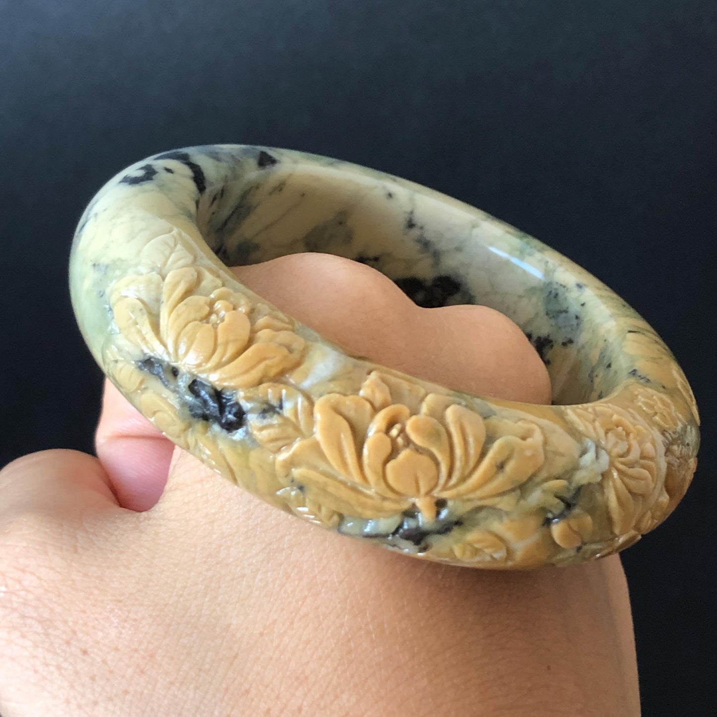 54.7mm Xiu Jade Serpentine Hand Carved Peony Flowers & Bird Jade Bangle: Natural Yellow Green Jade Handcrafted Bracelet, Stone Carving Gemstone Jewelry Gift for her wide jade bangle jade carving hand engraved stone carving natural untreated jade bracelet green jade yellow jade handcraft jade peony carving flower carving chinese jade vintage bangle antique bracelet bird carving bird lover gift