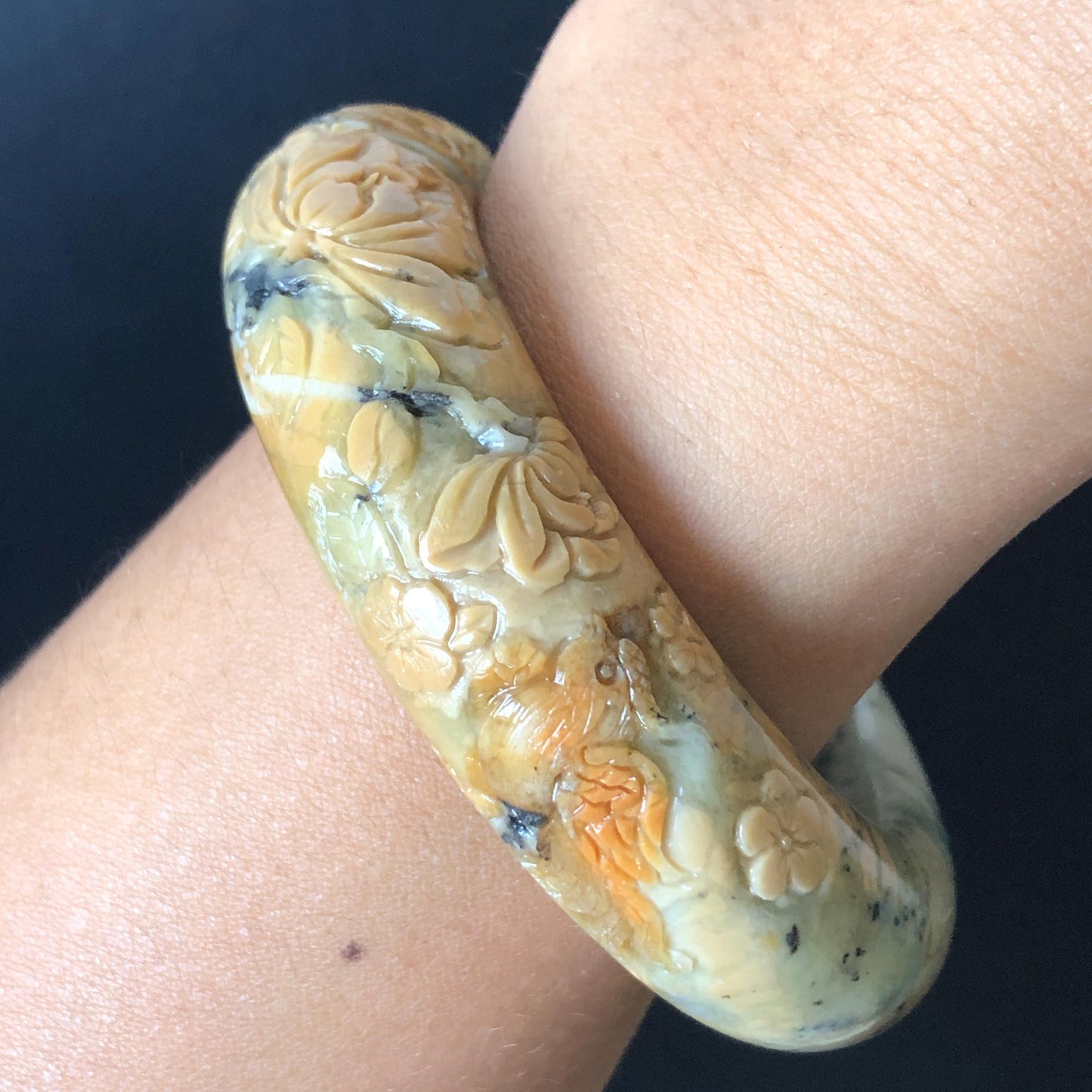 54.7mm Xiu Jade Serpentine Hand Carved Peony Flowers & Bird Jade Bangle: Natural Yellow Green Jade Handcrafted Bracelet, Stone Carving Gemstone Jewelry Gift for her wide jade bangle jade carving hand engraved stone carving natural untreated jade bracelet green jade yellow jade handcraft jade peony carving flower carving chinese jade vintage bangle antique bracelet bird carving bird lover gift