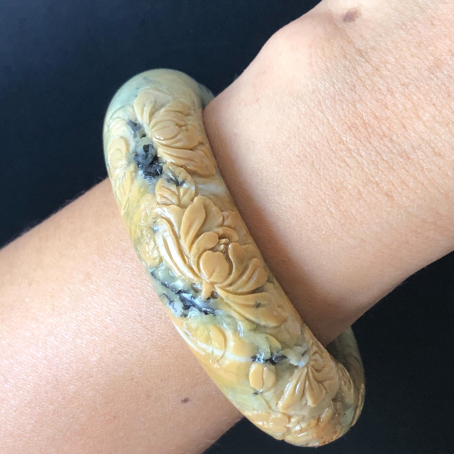 54.7mm Xiu Jade Serpentine Hand Carved Peony Flowers & Bird Jade Bangle: Natural Yellow Green Jade Handcrafted Bracelet, Stone Carving Gemstone Jewelry Gift for her wide jade bangle jade carving hand engraved stone carving natural untreated jade bracelet green jade yellow jade handcraft jade peony carving flower carving chinese jade vintage bangle antique bracelet bird carving bird lover gift