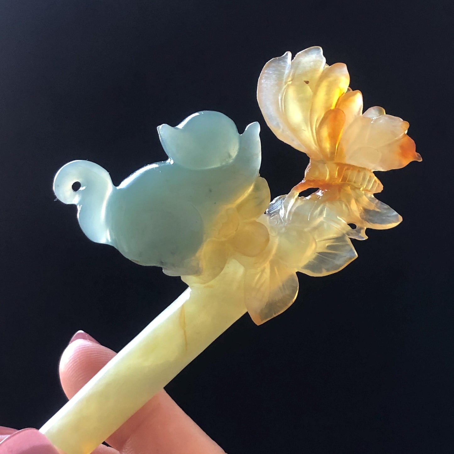 Xiu Jade Serpentine Hand Carved Cat Kitten with Butterfly Hair Pin | Natural Certified Yellow & Blue Jade Handcrafted Flower Hair Stick | Cat Lover Gift for her blue jade yellow jade brown jade carving frosty blue jade sky blue jade cat carving kitten carving hand engraved cat hair stick hand carved kitten hairpins japanese hair clip korean hair fork vintage hair comb hanfu hair pins untreated jade with certificate butterfly carving butterfly hair stick flower carving 3D stone carving