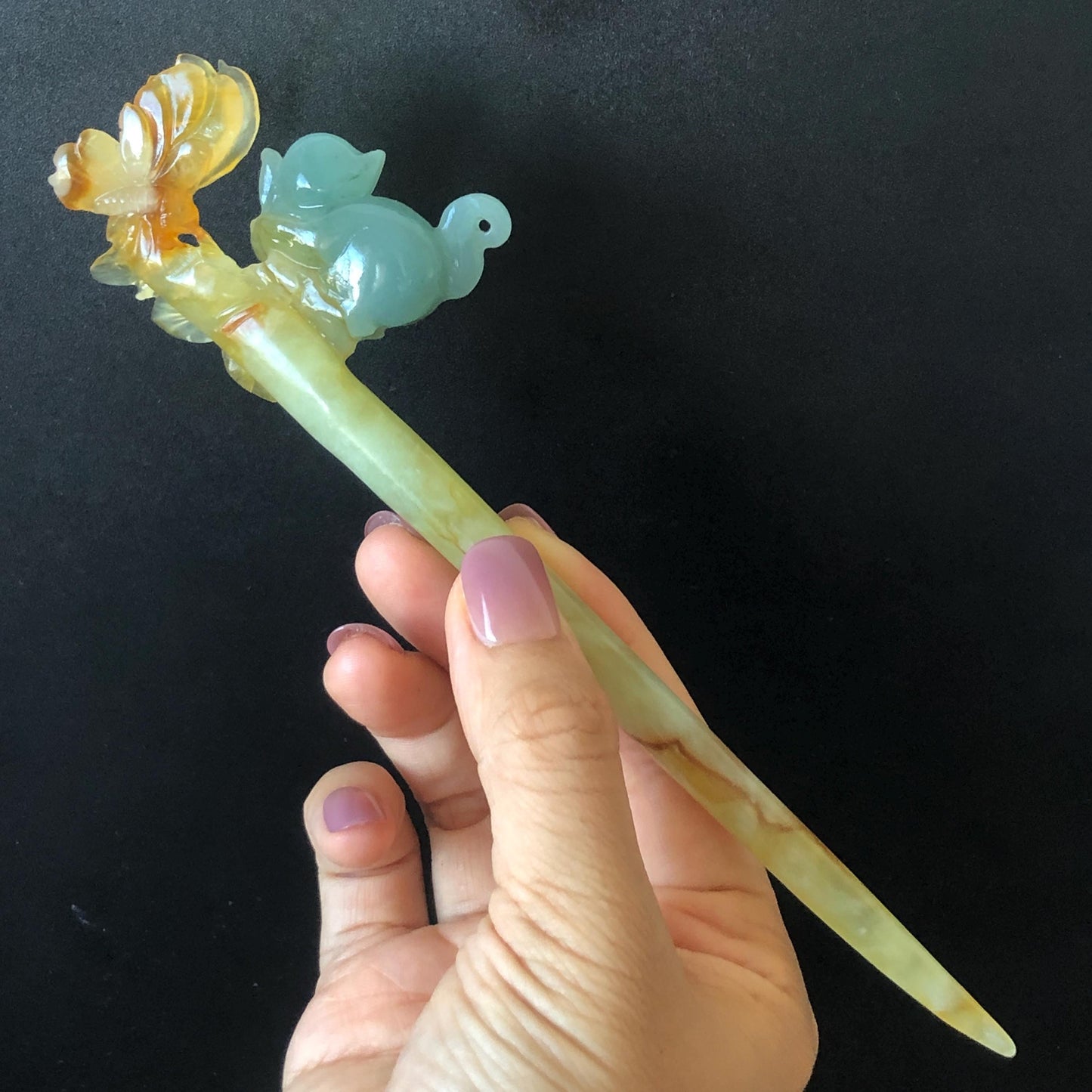 Xiu Jade Serpentine Hand Carved Cat Kitten with Butterfly Hair Pin | Natural Certified Yellow & Blue Jade Handcrafted Flower Hair Stick | Cat Lover Gift for her blue jade yellow jade brown jade carving frosty blue jade sky blue jade cat carving kitten carving hand engraved cat hair stick hand carved kitten hairpins japanese hair clip korean hair fork vintage hair comb hanfu hair pins untreated jade with certificate butterfly carving butterfly hair stick flower carving 3D stone carving