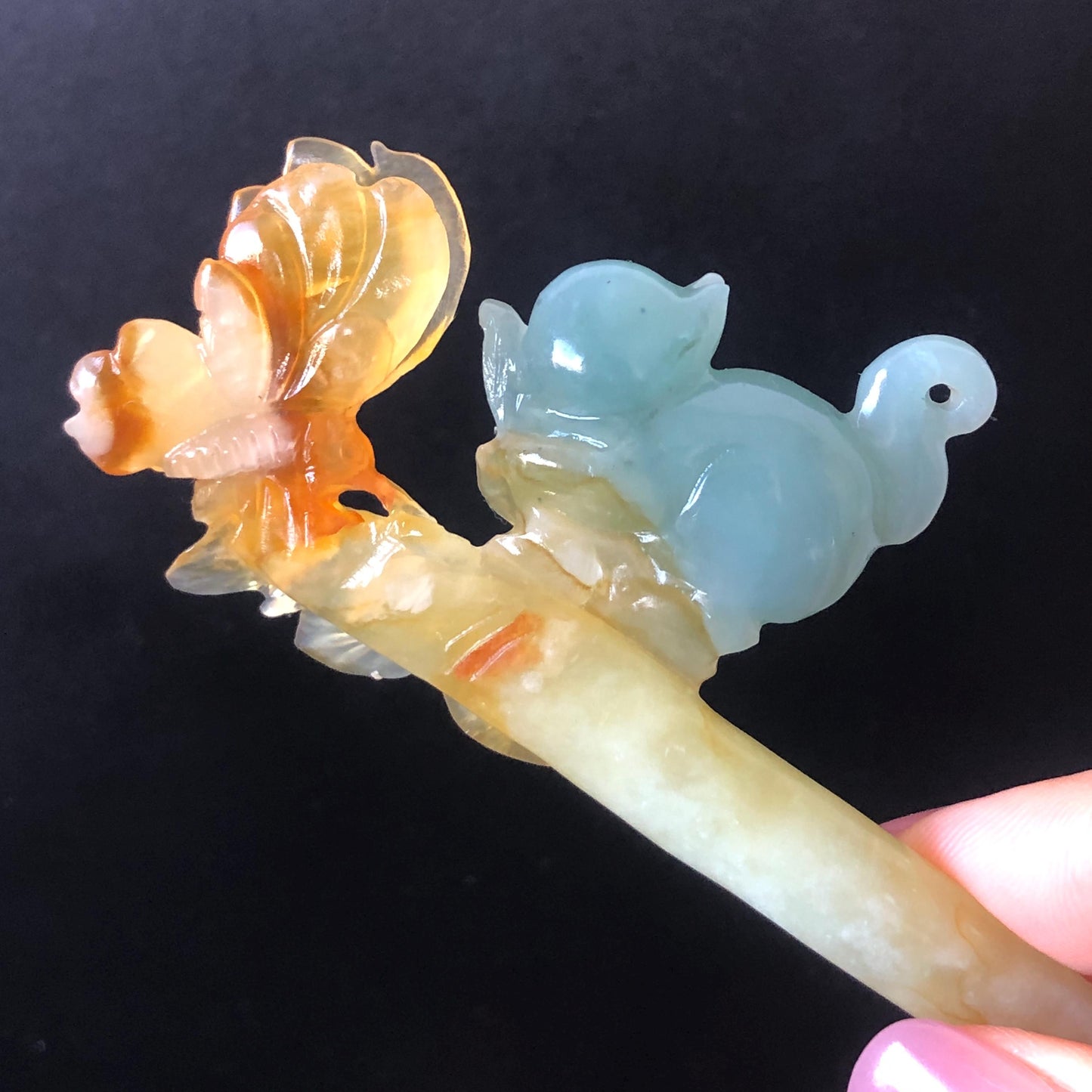 Xiu Jade Serpentine Hand Carved Cat Kitten with Butterfly Hair Pin | Natural Certified Yellow & Blue Jade Handcrafted Flower Hair Stick | Cat Lover Gift for her blue jade yellow jade brown jade carving frosty blue jade sky blue jade cat carving kitten carving hand engraved cat hair stick hand carved kitten hairpins japanese hair clip korean hair fork vintage hair comb hanfu hair pins untreated jade with certificate butterfly carving butterfly hair stick flower carving 3D stone carving