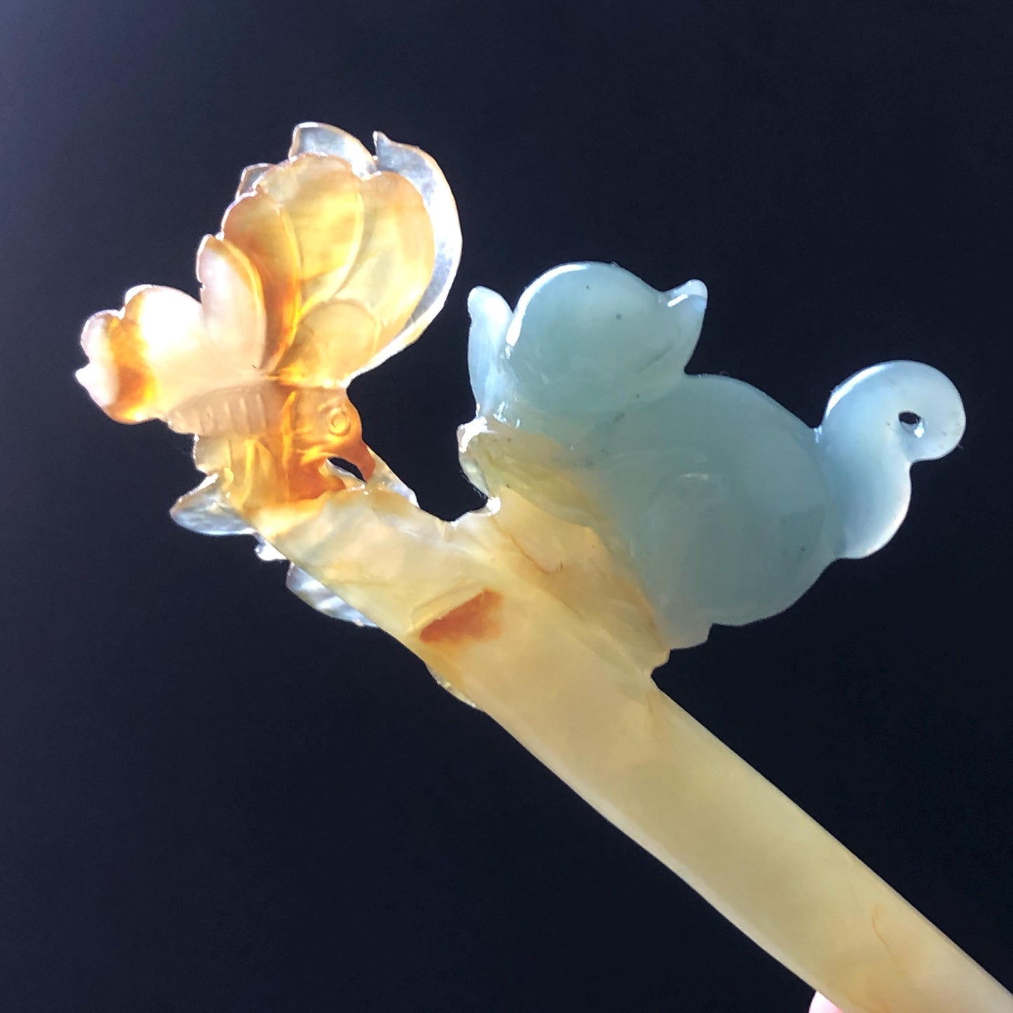 Xiu Jade Serpentine Hand Carved Cat Kitten with Butterfly Hair Pin | Natural Certified Yellow & Blue Jade Handcrafted Flower Hair Stick | Cat Lover Gift for her blue jade yellow jade brown jade carving frosty blue jade sky blue jade cat carving kitten carving hand engraved cat hair stick hand carved kitten hairpins japanese hair clip korean hair fork vintage hair comb hanfu hair pins untreated jade with certificate butterfly carving butterfly hair stick flower carving 3D stone carving