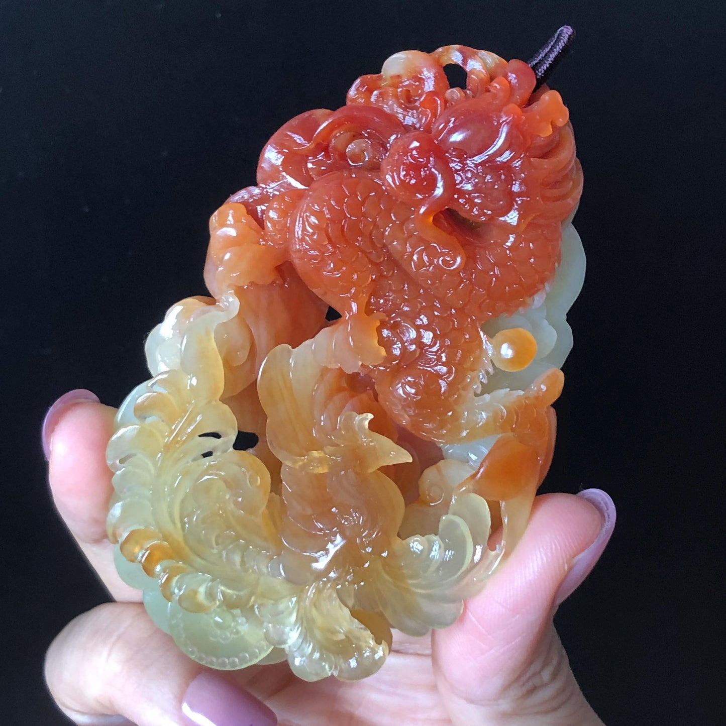 Rare Found! Xiu Jade Serpentine Hand Carved Dragon & Phoenix Pendant Adjustable Necklace: Certified Natural Red Jade Carving Jewelry