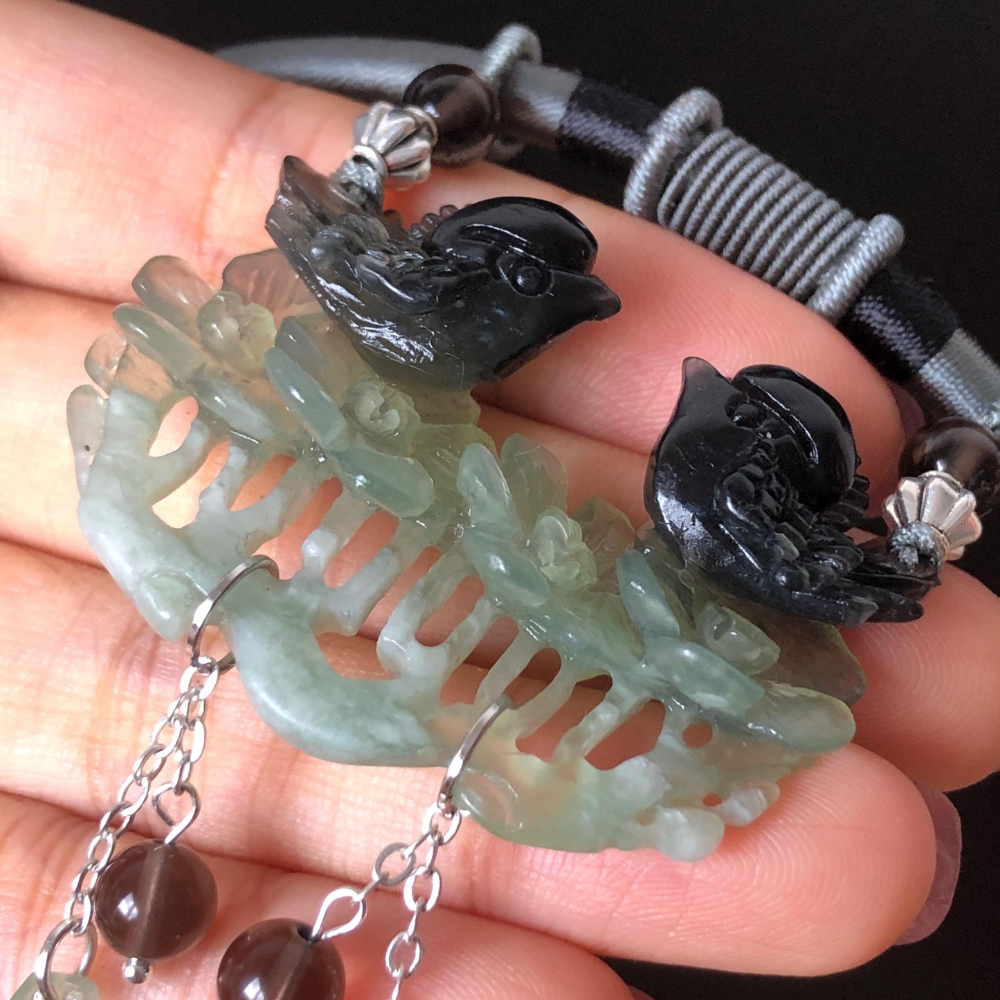 Xiu Jade Serpentine Hand Carved Magpie Birds & Flower Pendant Adjustable Necklace: Certified Natural Black Green Jade Vintage Necklace Gemstone Gift for her, black jade carving green jade carving plum blossom carving flower carving hand engraved flower chinese jade pendant necklace vintage necklace antique necklace certificate jade natural untreated jade certified jade modern necklace bird carving