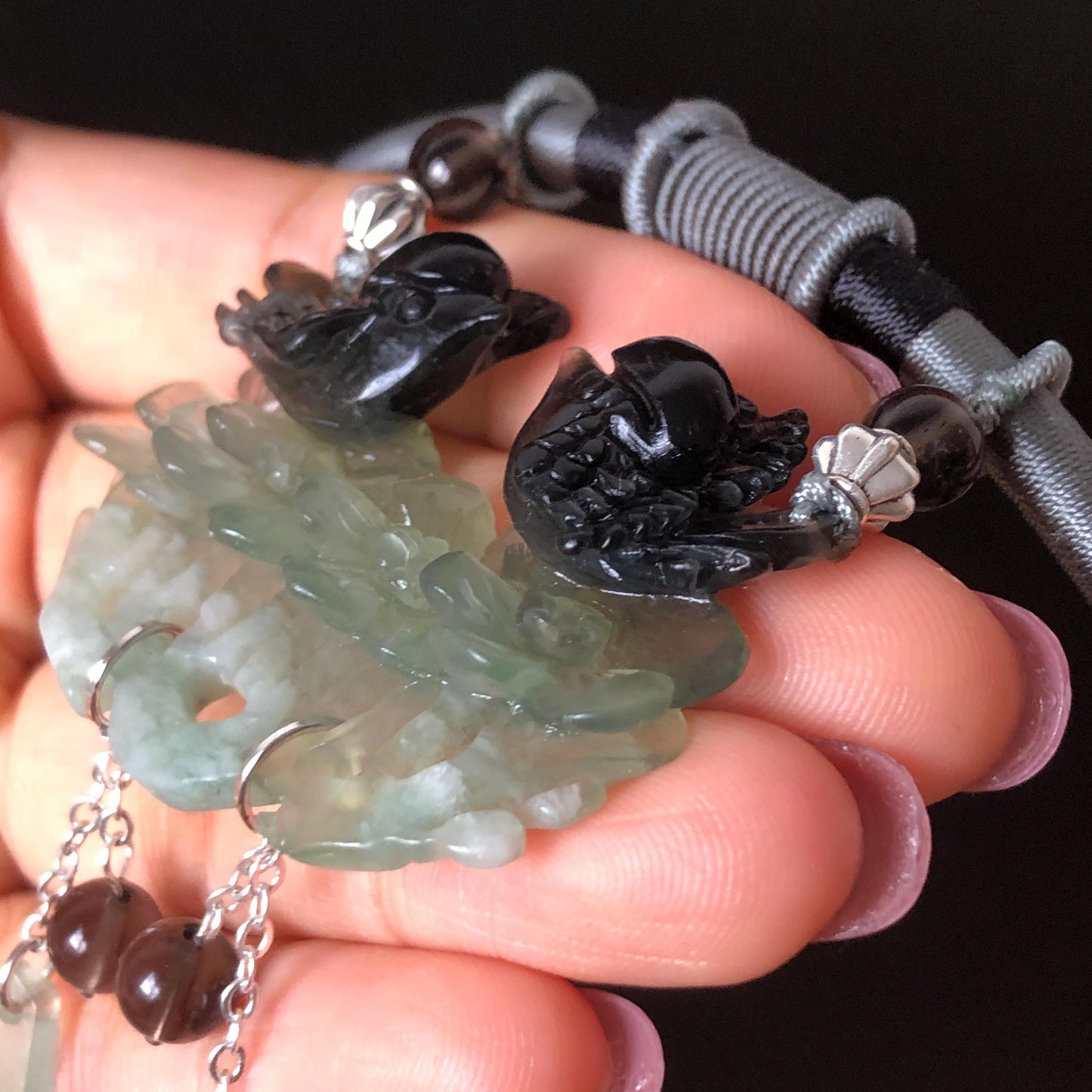 Xiu Jade Serpentine Hand Carved Magpie Birds & Flower Pendant Adjustable Necklace: Certified Natural Black Green Jade Vintage Necklace Gemstone Gift for her, black jade carving green jade carving plum blossom carving flower carving hand engraved flower chinese jade pendant necklace vintage necklace antique necklace certificate jade natural untreated jade certified jade modern necklace bird carving