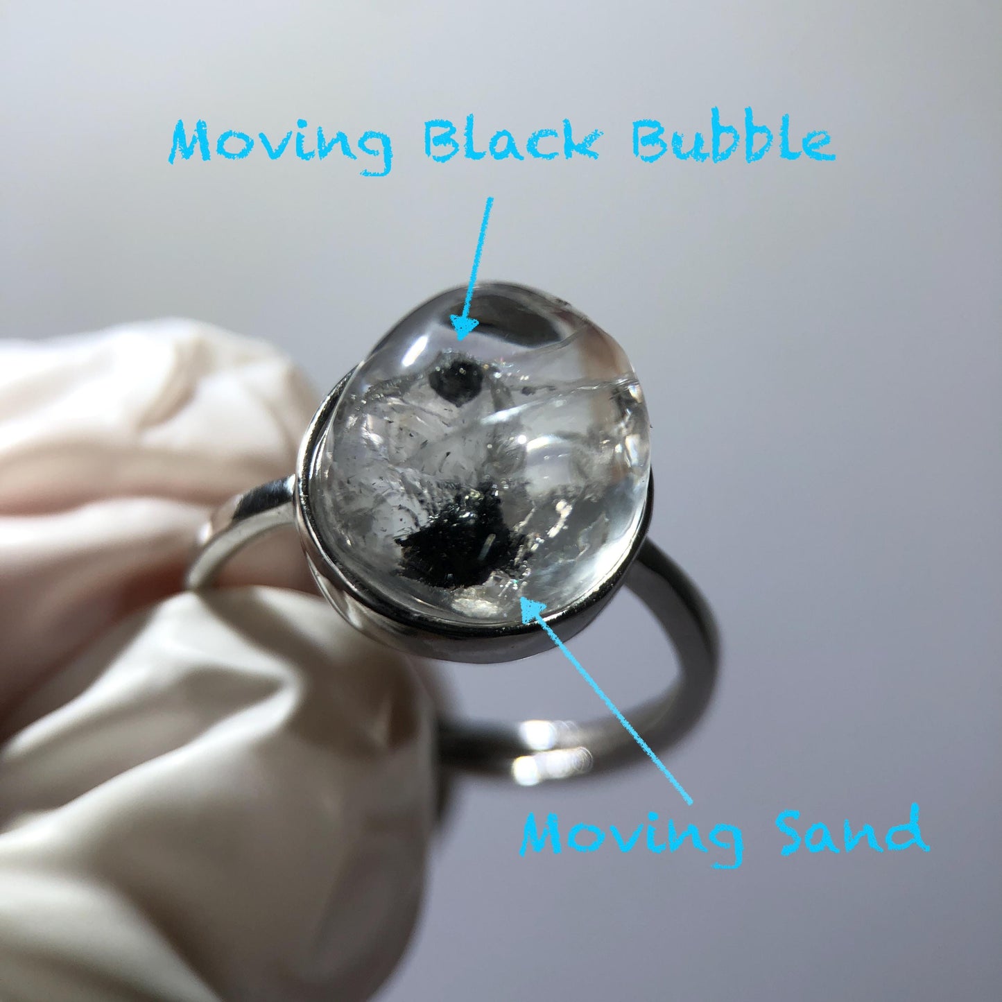 Rare Polished Enhydro Quartz (Herkimer Diamond) S925 Sliver Adjustable Ring: Rainbow! Moving Sand & Black Bubble Statement Ring for Women ring crystal band ring crystal cocktail ring crystal stackable ring 7 chakra crystal ring meditation crystal healing stone birthstone silver ring ring for men rainbow quartz