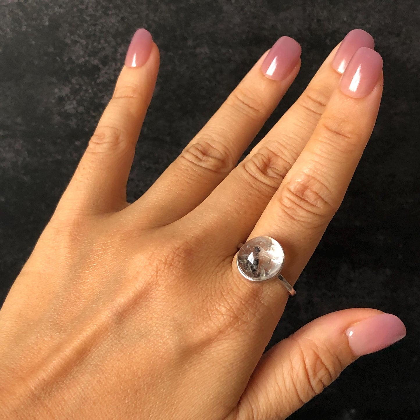 Rare Polished Enhydro Quartz (Herkimer Diamond) S925 Sliver Adjustable Ring: Rainbow! Moving Sand & Black Bubble Statement Ring for Women ring crystal band ring crystal cocktail ring crystal stackable ring 7 chakra crystal ring meditation crystal healing stone birthstone silver ring ring for men rainbow quartz