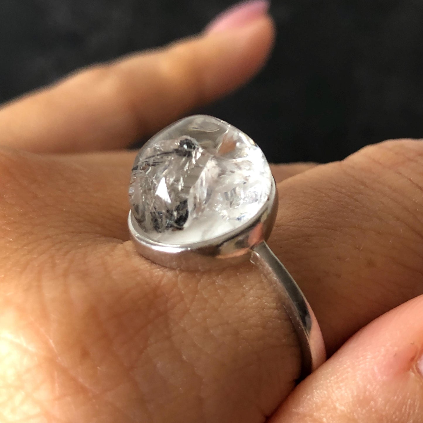Rare Polished Enhydro Quartz (Herkimer Diamond) S925 Sliver Adjustable Ring: Rainbow! Moving Sand & Black Bubble Statement Ring for Women ring crystal band ring crystal cocktail ring crystal stackable ring 7 chakra crystal ring meditation crystal healing stone birthstone silver ring ring for men rainbow quartz
