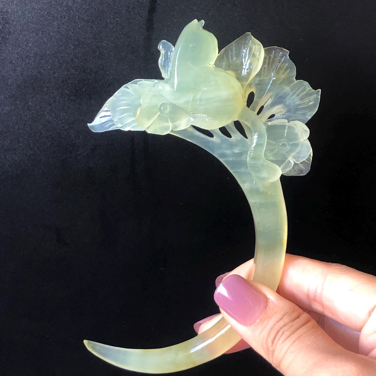 Xiu Jade Serpentine Hand Carved Cat & Flower Hair Pin: Natural Ice Green Jade Half Moon Hair Stick, Asian Chinese Vintage Hair Jewelry Handcrafted Hair Fork Bridal Wedding Headpiece gift for her japanese hairpin korean hair stick chinese hair fork vintage hair comb antique hair pins hanfu hair stick bridal shower hair jewelry hair accessory jade carving hand engraved jade hand carved flower jade hairpins untreated natural jade handcraft jade moon hairpin cat carving kitten carving cat lover gift