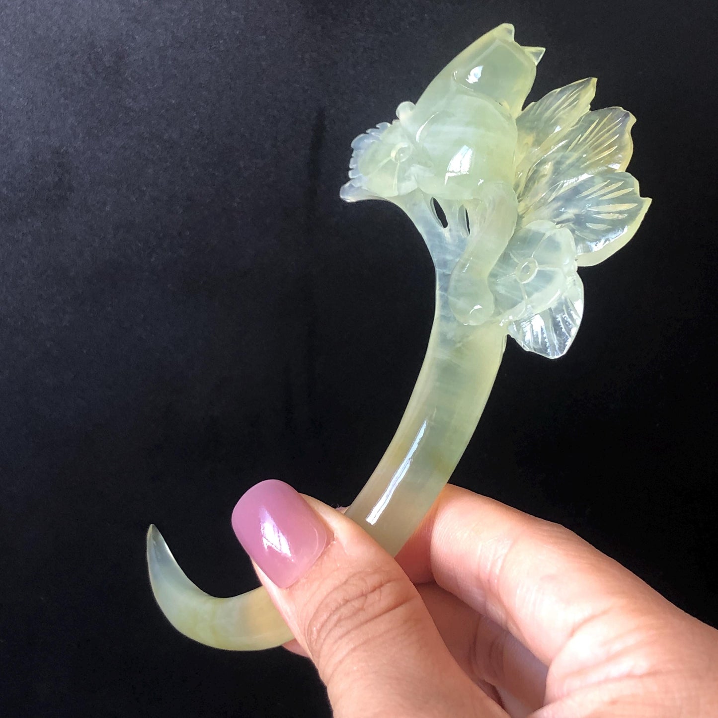 Xiu Jade Serpentine Hand Carved Cat & Flower Hair Pin: Natural Ice Green Jade Half Moon Hair Stick, Asian Chinese Vintage Hair Jewelry Handcrafted Hair Fork Bridal Wedding Headpiece gift for her japanese hairpin korean hair stick chinese hair fork vintage hair comb antique hair pins hanfu hair stick bridal shower hair jewelry hair accessory jade carving hand engraved jade hand carved flower jade hairpins untreated natural jade handcraft jade moon hairpin cat carving kitten carving cat lover gift