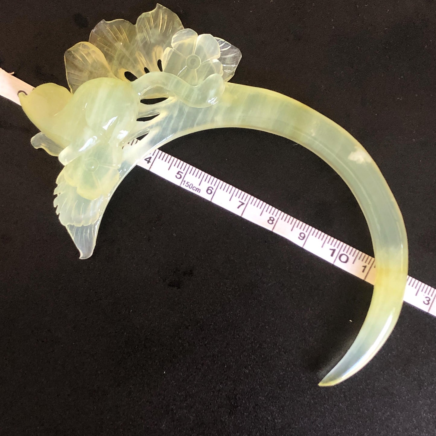 Xiu Jade Serpentine Hand Carved Cat & Flower Hair Pin: Natural Ice Green Jade Half Moon Hair Stick, Asian Chinese Vintage Hair Jewelry Handcrafted Hair Fork Bridal Wedding Headpiece gift for her japanese hairpin korean hair stick chinese hair fork vintage hair comb antique hair pins hanfu hair stick bridal shower hair jewelry hair accessory jade carving hand engraved jade hand carved flower jade hairpins untreated natural jade handcraft jade moon hairpin cat carving kitten carving cat lover gift