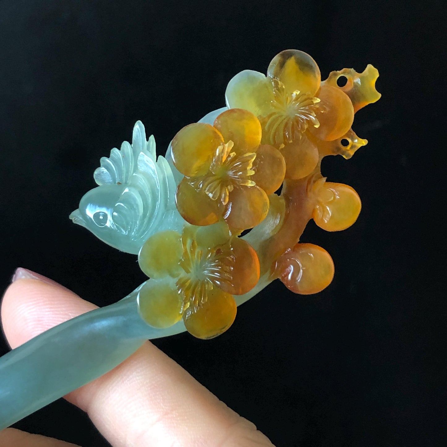 Xiu Jade (Serpentine) Hand Carved Bird & Plum Blossom Flower Hair Pin: Certified Natural Blue & Yellow Jade Hair Stick in Asian Chinese Vintage Style Gift for her, blue jade carving yellow jade brown jade orange jade bird carving flower carving plum blossom carving hand carved flower hand engraved bird certificate jade certified natural untreated jade korean hairpin japanese hair stick chinese hair comb vinatge hair fork bridal hair clip wedding hair pin engagement hair stick bi-colour jade
