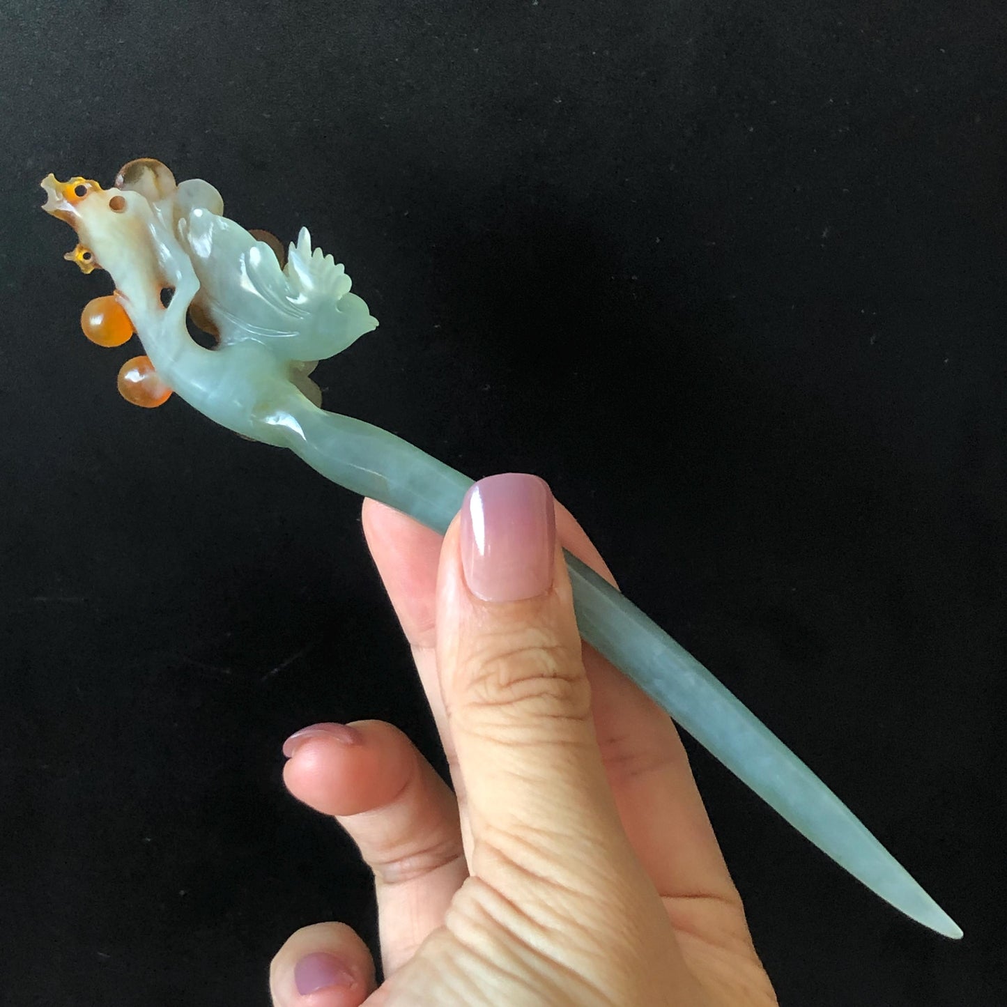 Xiu Jade (Serpentine) Hand Carved Bird & Plum Blossom Flower Hair Pin: Certified Natural Blue & Yellow Jade Hair Stick in Asian Chinese Vintage Style Gift for her, blue jade carving yellow jade brown jade orange jade bird carving flower carving plum blossom carving hand carved flower hand engraved bird certificate jade certified natural untreated jade korean hairpin japanese hair stick chinese hair comb vinatge hair fork bridal hair clip wedding hair pin engagement hair stick bi-colour jade