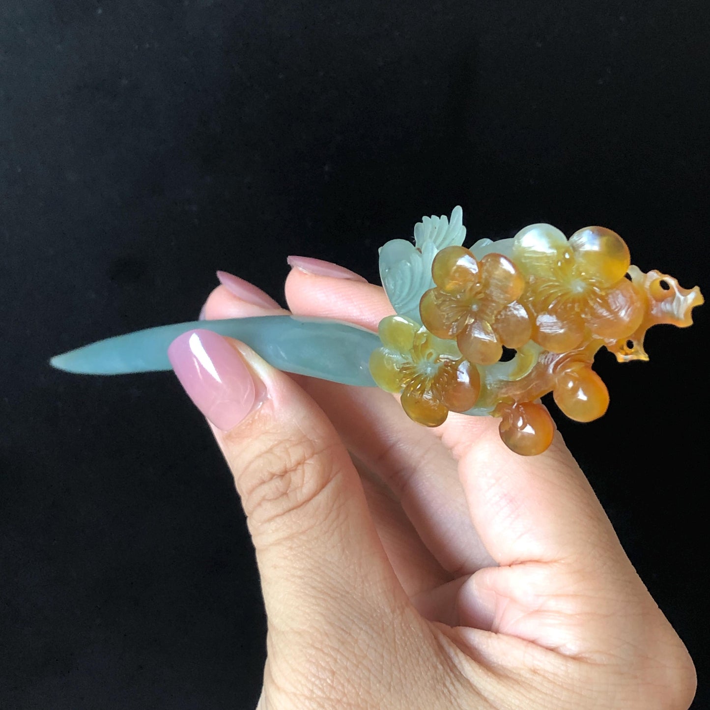 Xiu Jade (Serpentine) Hand Carved Bird & Plum Blossom Flower Hair Pin: Certified Natural Blue & Yellow Jade Hair Stick in Asian Chinese Vintage Style Gift for her, blue jade carving yellow jade brown jade orange jade bird carving flower carving plum blossom carving hand carved flower hand engraved bird certificate jade certified natural untreated jade korean hairpin japanese hair stick chinese hair comb vinatge hair fork bridal hair clip wedding hair pin engagement hair stick bi-colour jade