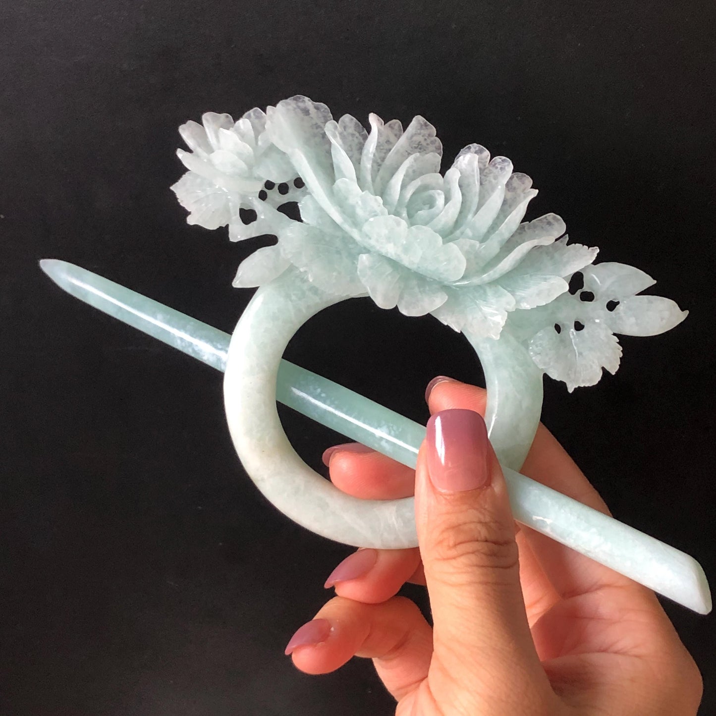 Xiu Jade Serpentine Hand Carved Peony Hair Pin: Certified Natural Frosty Sky Blue Jade Hair Stick, Asian Vintage Hair Fork | Chinese Vintage Hanfu Antique Bridal Hair Fork Gift for her japanese hairpin korean hair stick chinese hair fork vintage hair comb antique hair pins hanfu hair stick bridal shower hair jewelry wedding headpiece engagement hair accessory jade carving hand engraved jade hand carved flower jade hairpins untreated natural jade with certificate phoenix carving peony carving