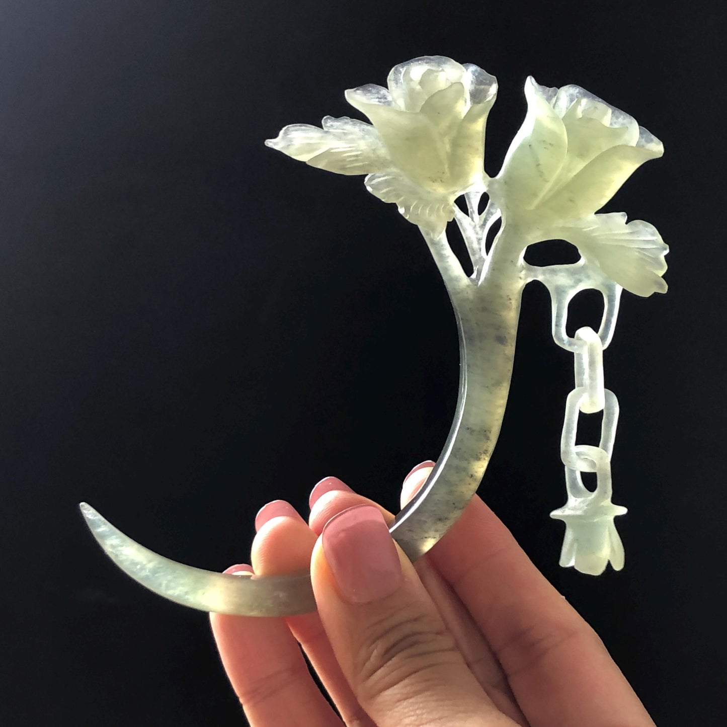 Xiu Jade Serpentine Rose Hair Stick with Dangle: Certificate Green Jade Hand Carved Half Moon Hair Pin, Hanfu Vintage Antique Hair Jewelry Chinese Hair Fork with Certificate Vintage Bridal Hair Fork Gift for her japanese hairpin korean hair stick chinese hair fork vintage hair comb antique hair pins hanfu hair stick bridal shower hair jewelry engagement hair accessory jade carving hand engraved jade rose carving jade hairpins untreated natural jade with certificate handcrafted jade stone carving