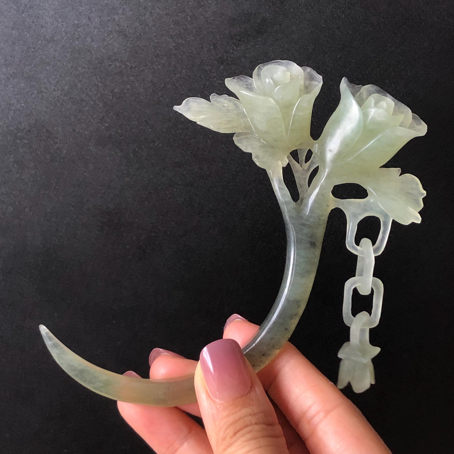 Xiu Jade Serpentine Rose Hair Stick with Dangle: Certificate Green Jade Hand Carved Half Moon Hair Pin, Hanfu Vintage Antique Hair Jewelry Chinese Hair Fork with Certificate Vintage Bridal Hair Fork Gift for her japanese hairpin korean hair stick chinese hair fork vintage hair comb antique hair pins hanfu hair stick bridal shower hair jewelry engagement hair accessory jade carving hand engraved jade rose carving jade hairpins untreated natural jade with certificate handcrafted jade stone carving