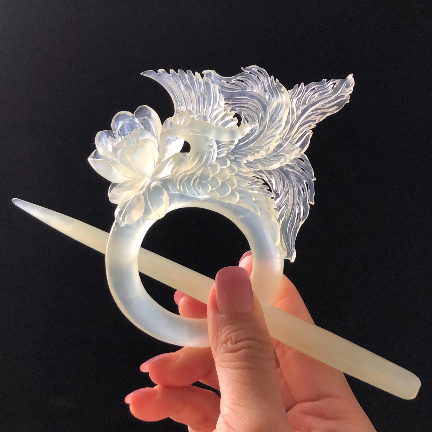 Xiu Jade Serpentine Hand Carved Phoenix & Peony Hair Pin: Certified Natural Ice White Jade Hair Stick, Asian Vintage Hair Fork | Chinese Vintage Hanfu Antique Bridal Hair Fork Gift for her japanese hairpin korean hair stick chinese hair fork vintage hair comb antique hair pins hanfu hair stick bridal shower hair jewelry wedding headpiece engagement hair accessory jade carving hand engraved jade hand carved flower jade hairpins untreated natural jade with certificate phoenix carving peony carving