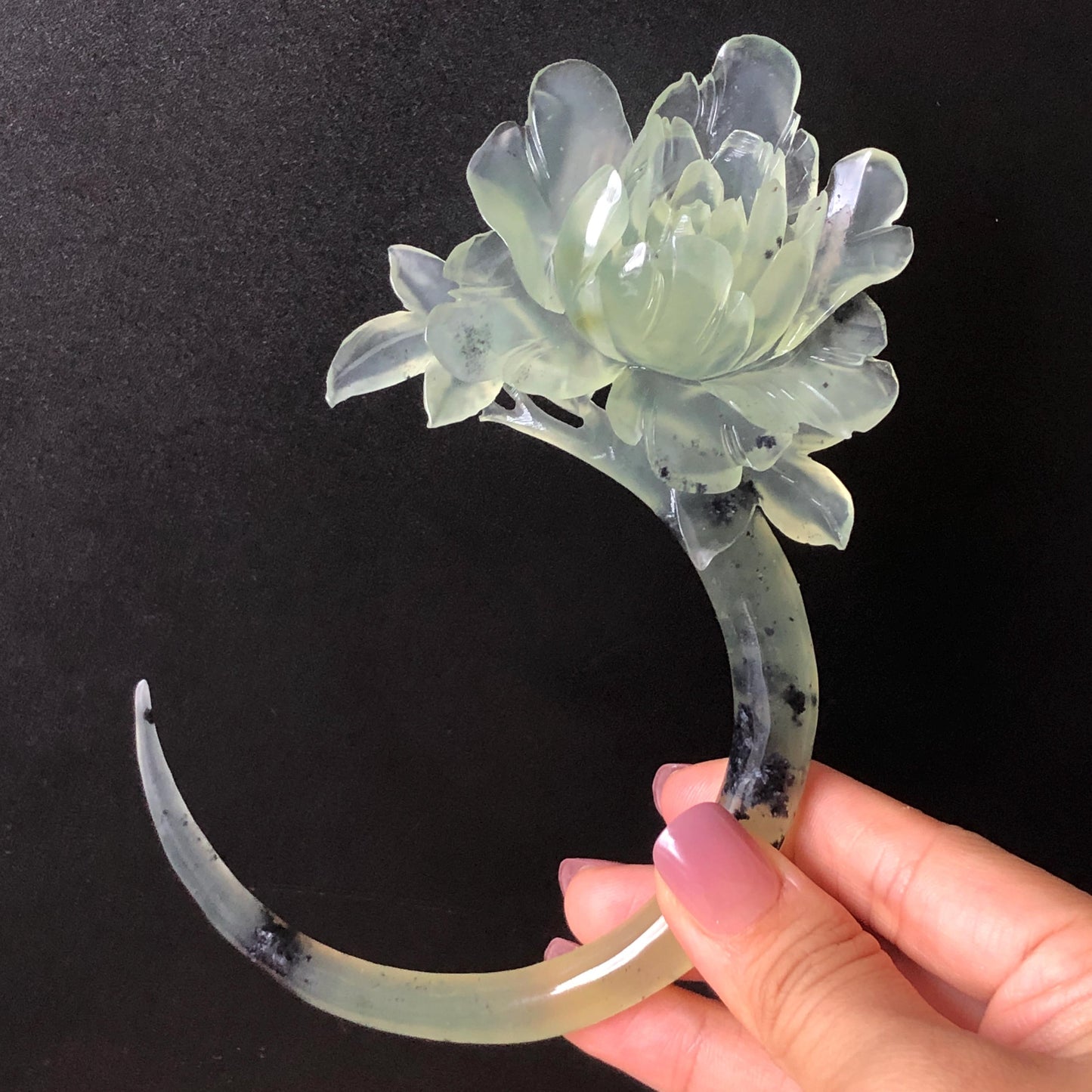 Xiu Jade Serpentine Hand Carved Peony Flower Hair Pin: Certified Natural Ice Green Jade Crescent Moon Hair Stick | Handcrafted Hair Fork Bridal Wedding Headpiece gift for her japanese hairpin korean hair stick chinese hair fork vintage hair comb antique hair pins hanfu hair stick bridal shower hair jewelry wedding headpiece bridal shower gift engagement hair accessory jade carving hand engraved jade hand carved flower jade hairpins untreated natural jade certificate handcraft jade moon hairpin